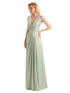 Elegant Soft Satin V neck Wrap Long Satin Bridesmaid Dresses UK Online Sale