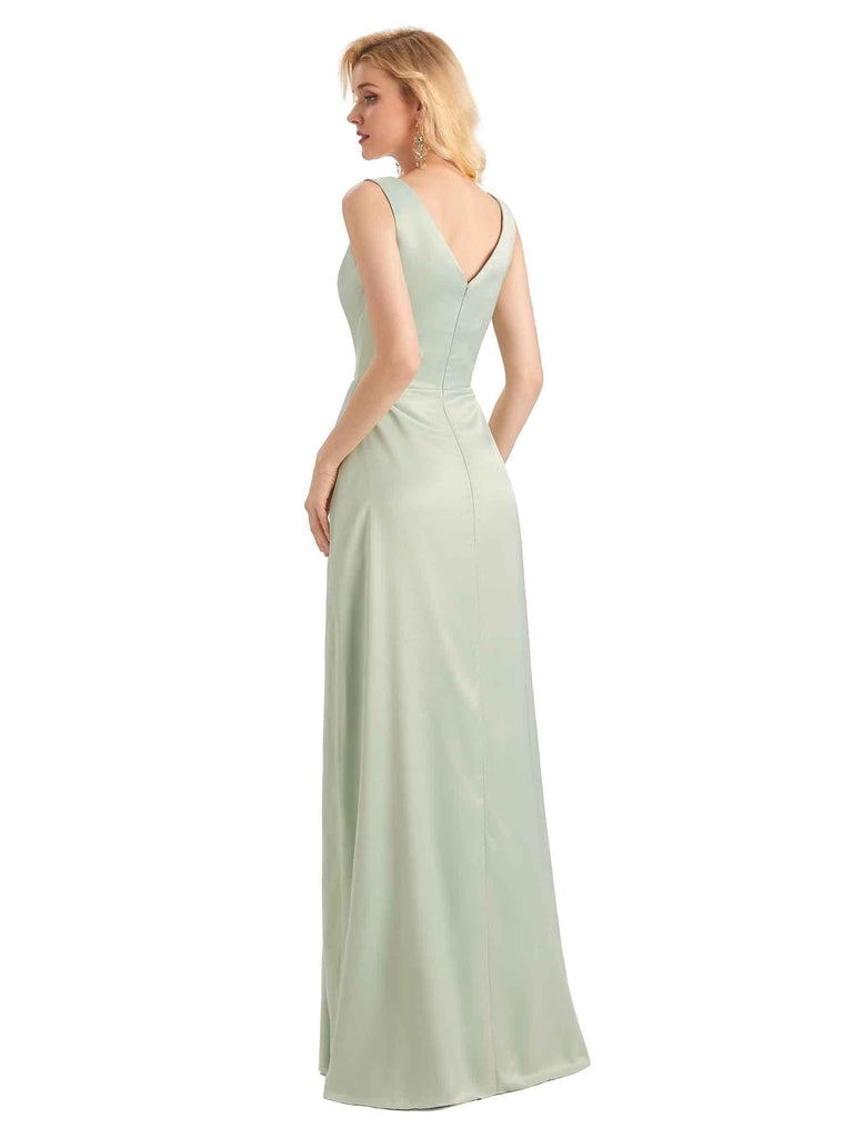 Elegant Soft Satin V neck Wrap Long Satin Bridesmaid Dresses UK Online Sale