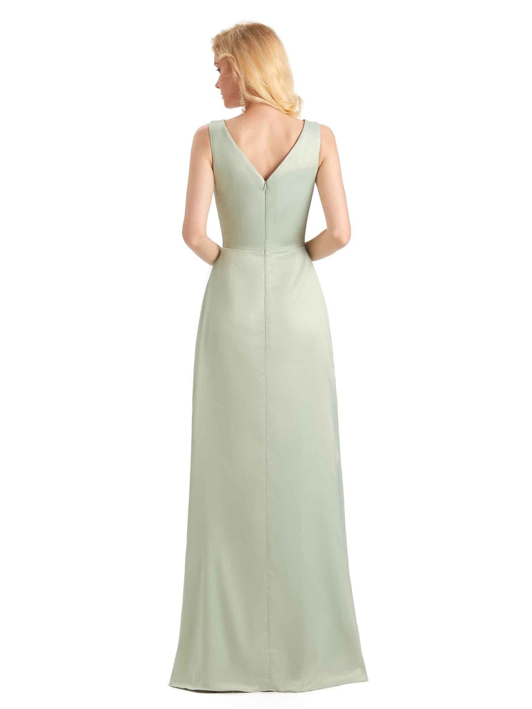 Elegant Soft Satin V neck Wrap Long Satin Bridesmaid Dresses UK Online Sale