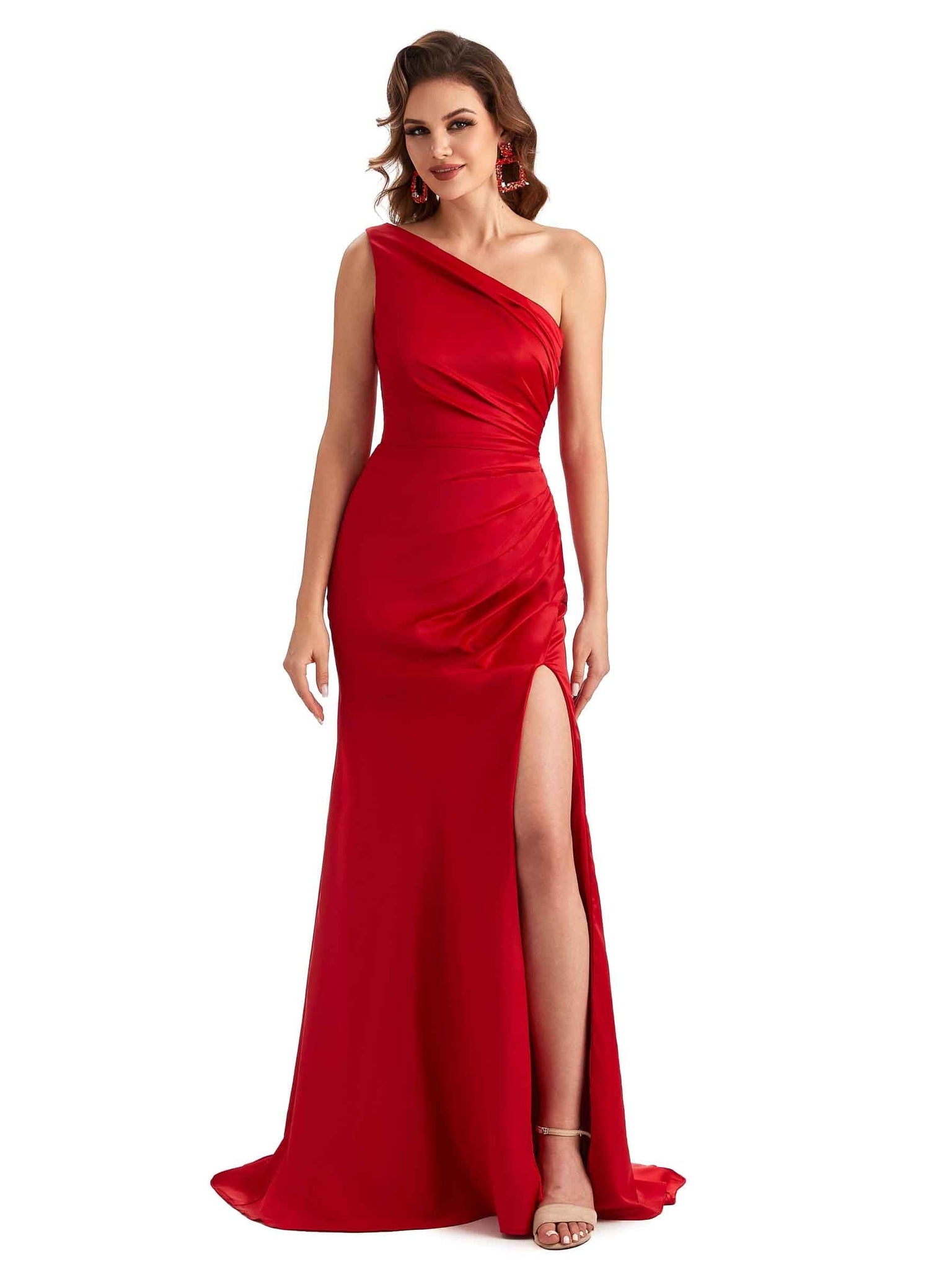 Elegant Side Slit Mermaid Silky Satin One Shoulder Long Bridesmaid Dresses UK
