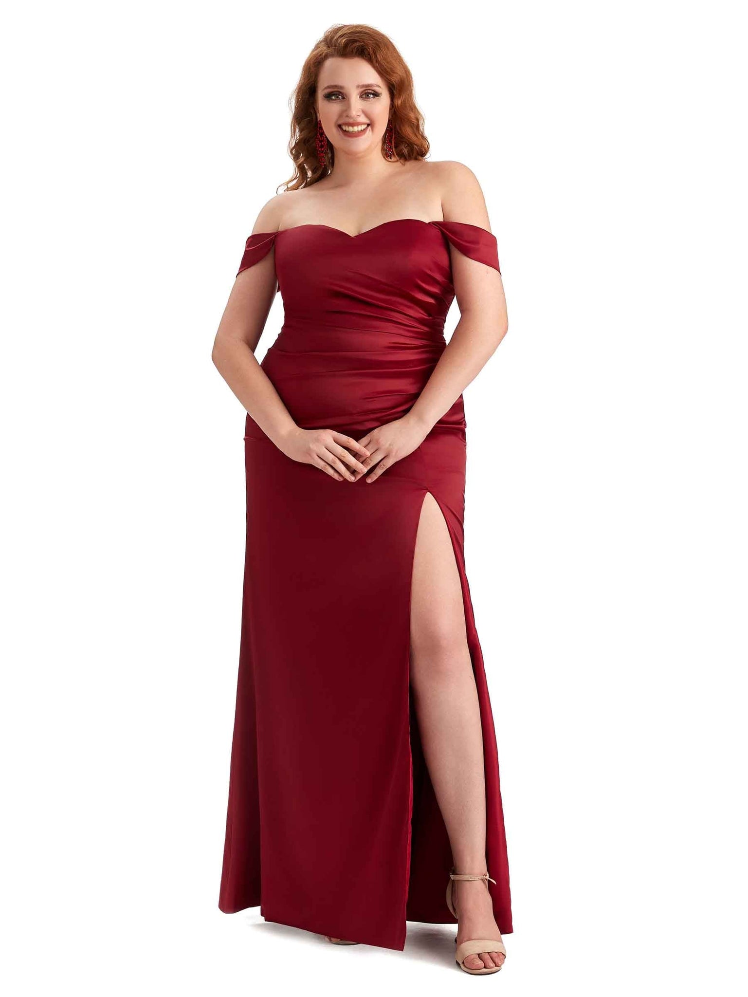 Sexy Off The Shoulder Side Slit Mermaid Soft Satin Long Plus Size Bridesmaid Dresses