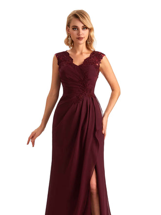 Elegant Chiffon A-line Sleeveless Side Slit Long Mother of The Bride Floor Length Dresses