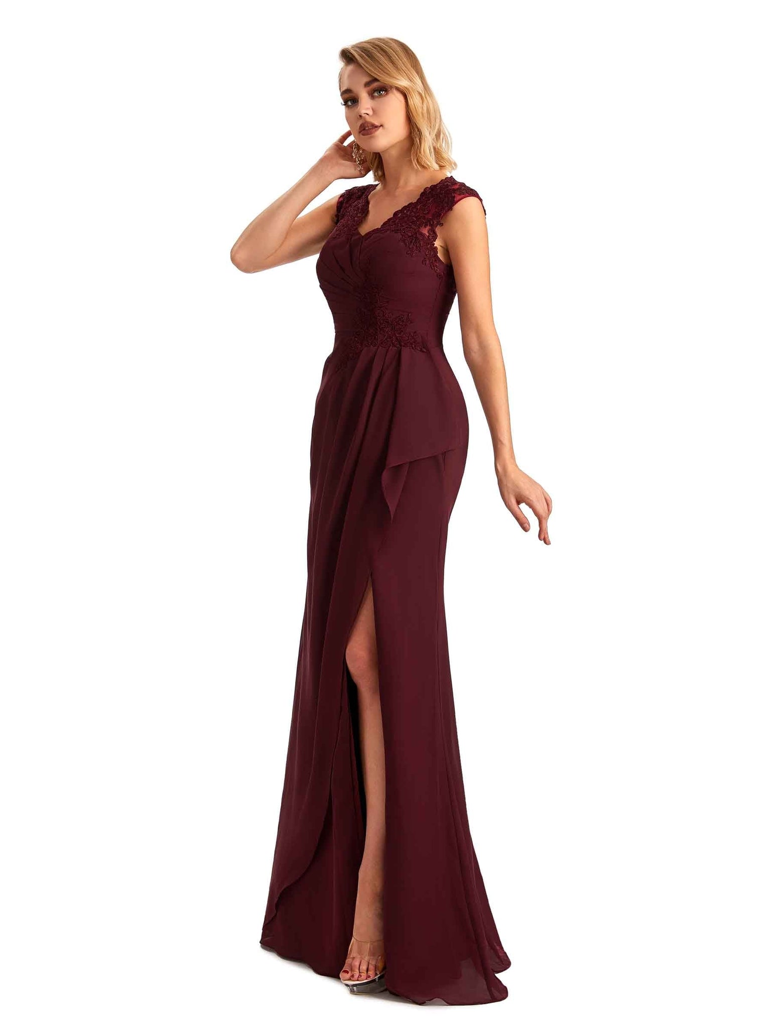 Elegant Chiffon A-line Cap Sleeves Side Slit Long Petite Mother of The Bride Gowns