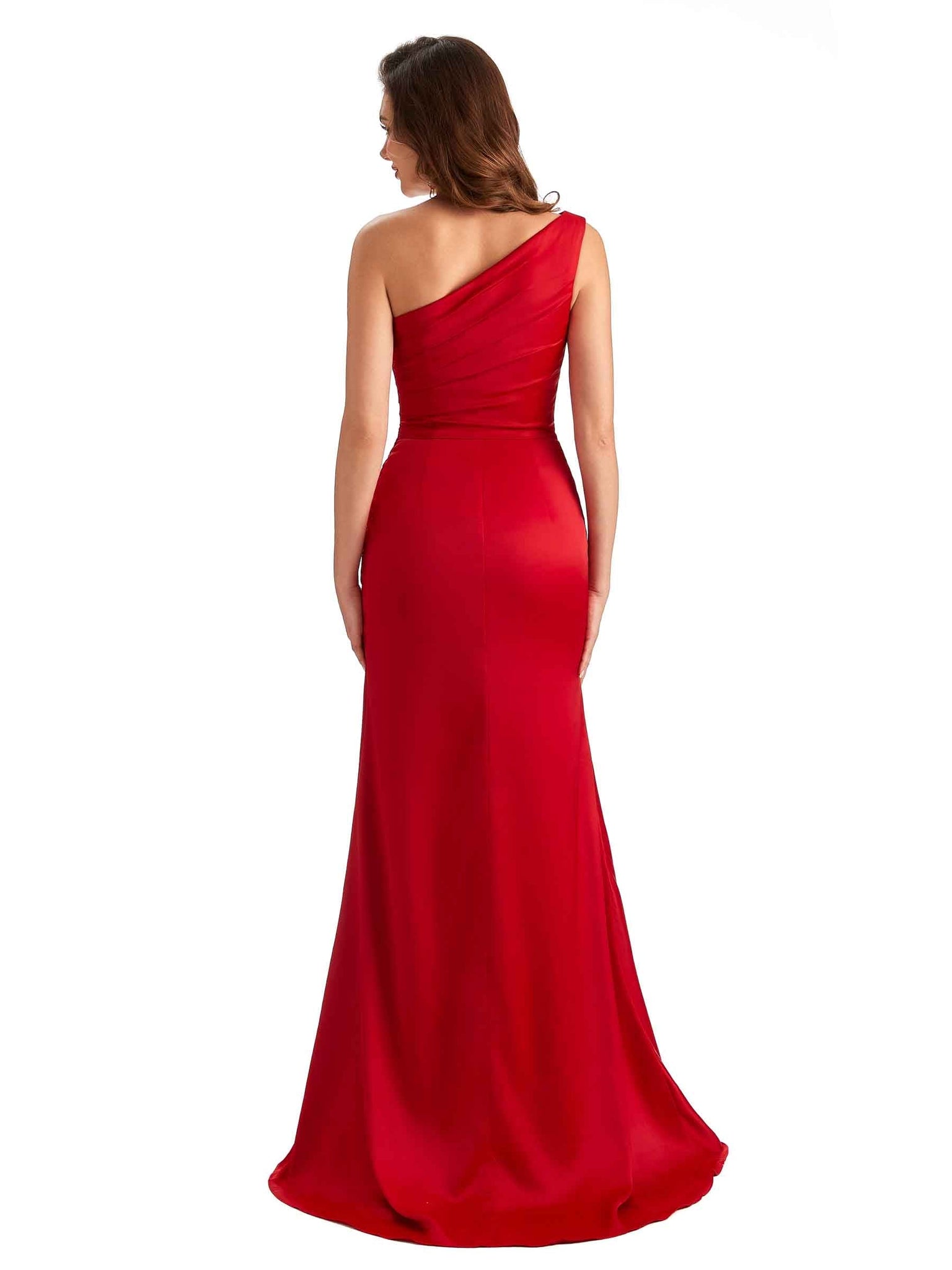 Elegant Side Slit Mermaid Silky Satin One Shoulder Long Bridesmaid Dresses UK