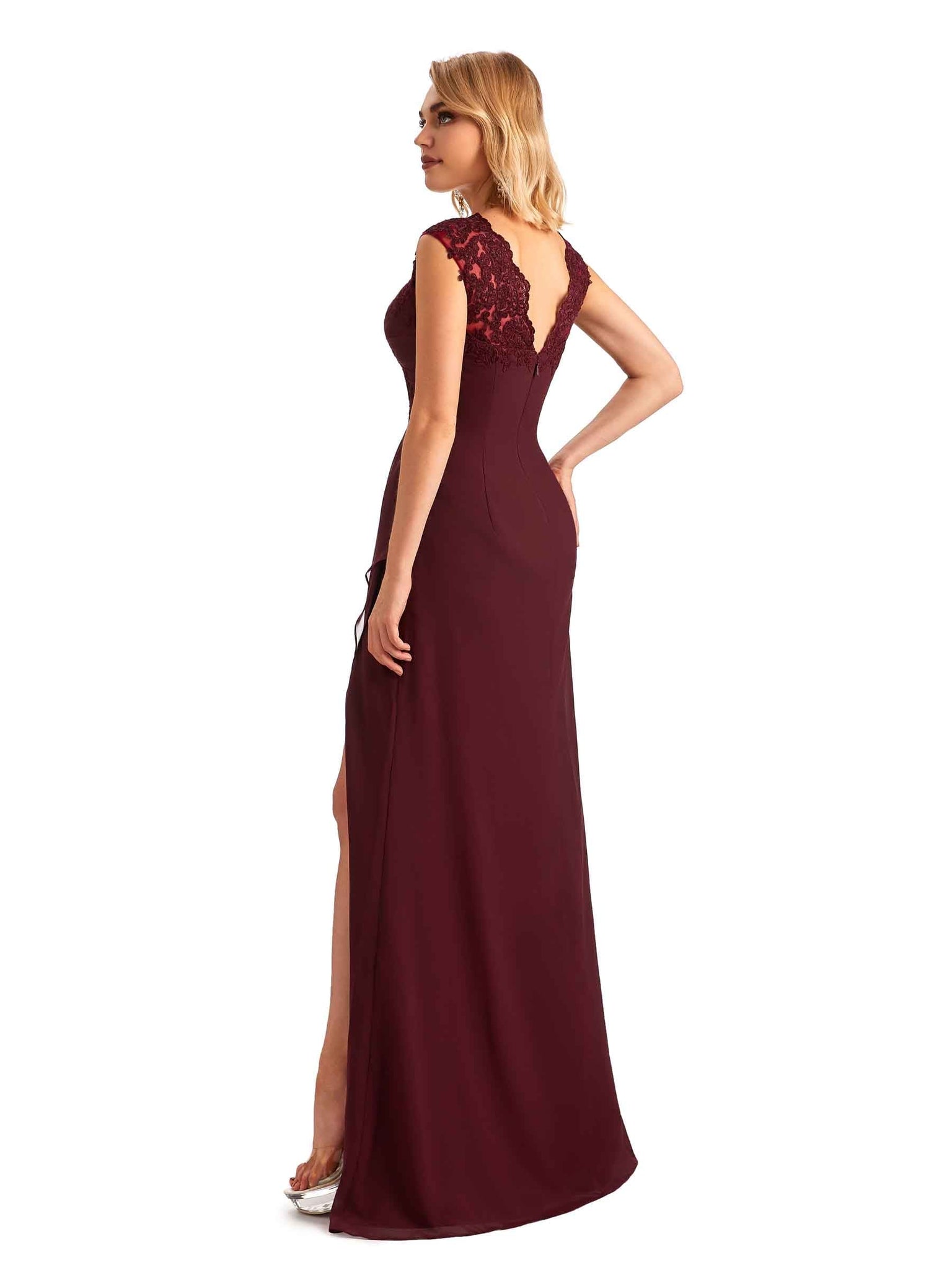 Elegant Chiffon A-line Cap Sleeves Side Slit Long Petite Mother of The Bride Gowns