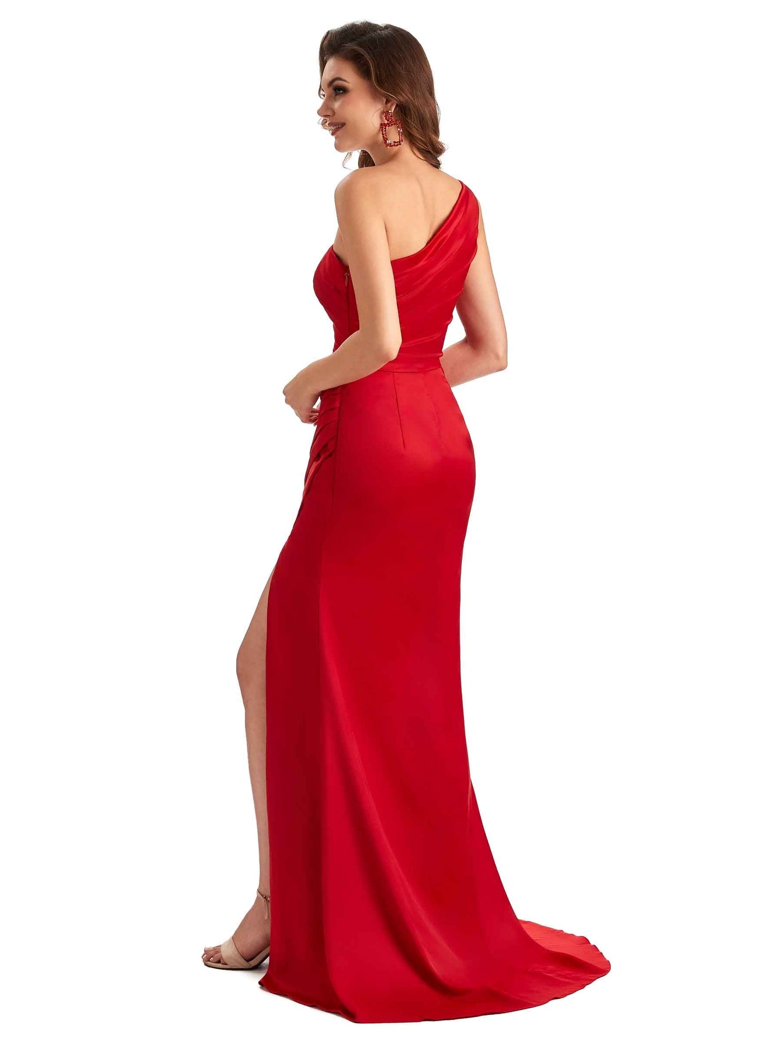 Elegant Side Slit Mermaid Silky Satin One Shoulder Long Bridesmaid Dresses UK