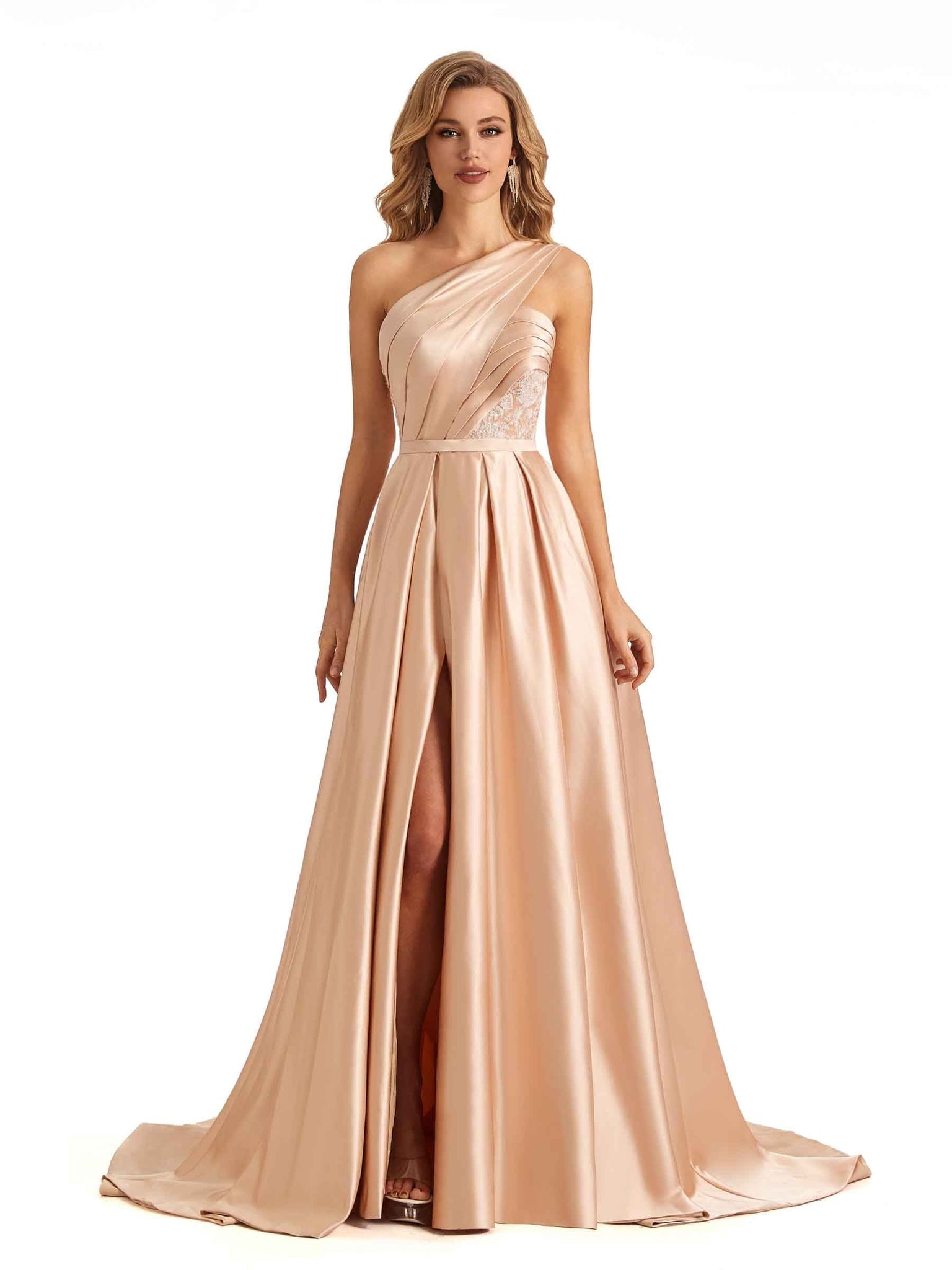 Sexy Side Slit One Shoulder Soft Satin Long Bridesmaid Dresses Online