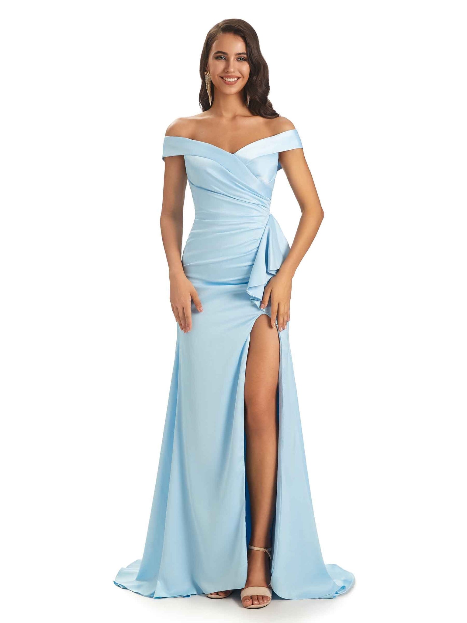 Sexy Side Slit Soft Satin Off The Shoulder Modern Long Bridesmaid Dresses Online UK