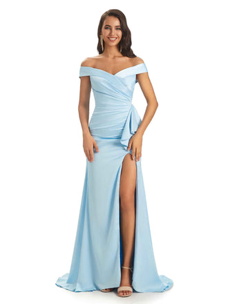 Sexy Soft Satin Side Slit Off- Shoulder Floor-Length Long Mermaid Prom Dresses