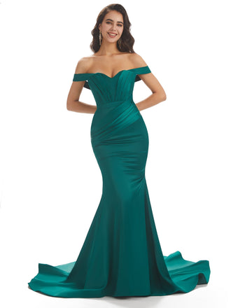Sexy Mermaid Off Shoulder Floor-Length Soft Satin Prom Dresses Online