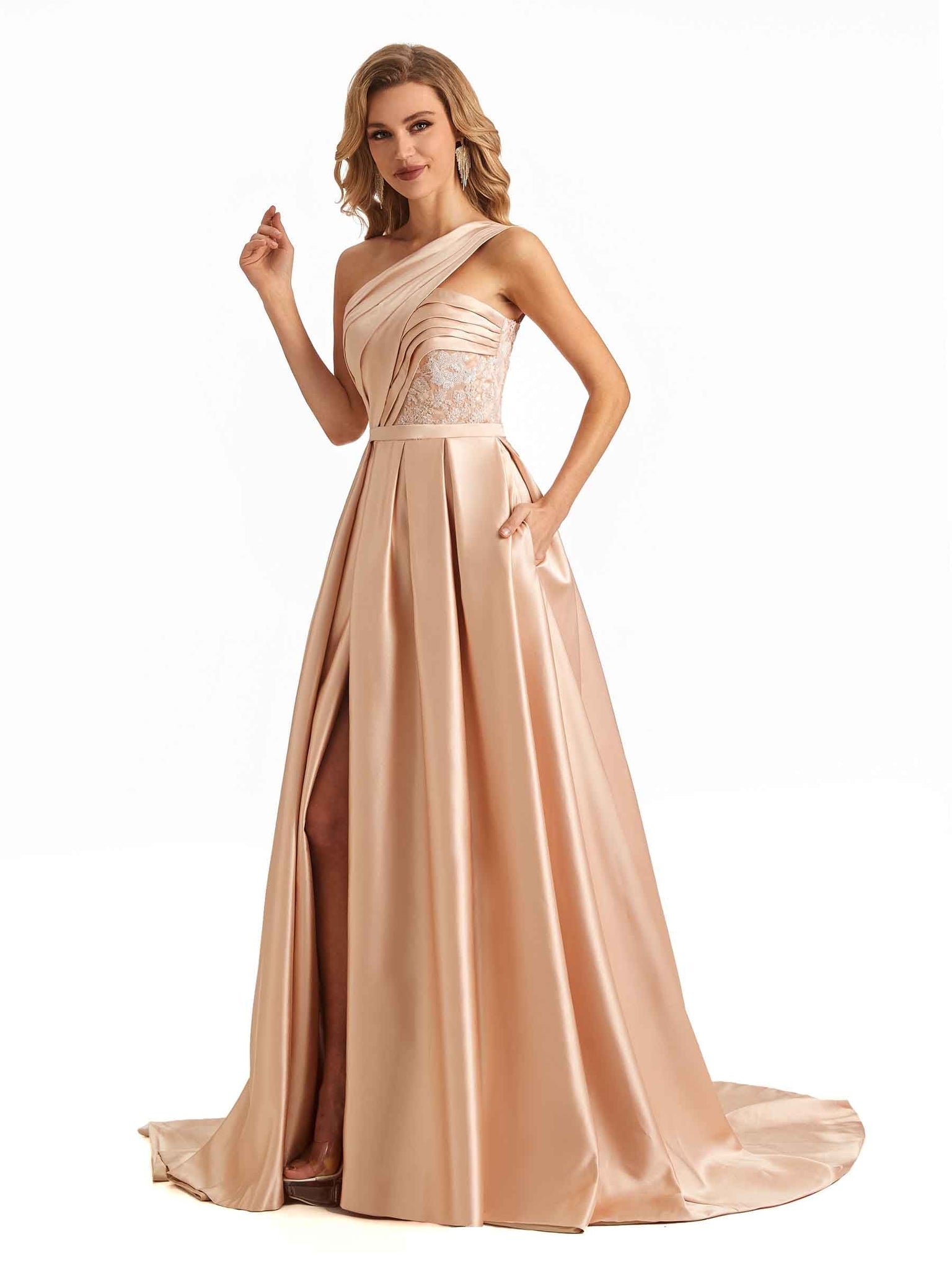 Sexy Side Slit One Shoulder Soft Satin Long Bridesmaid Dresses Online