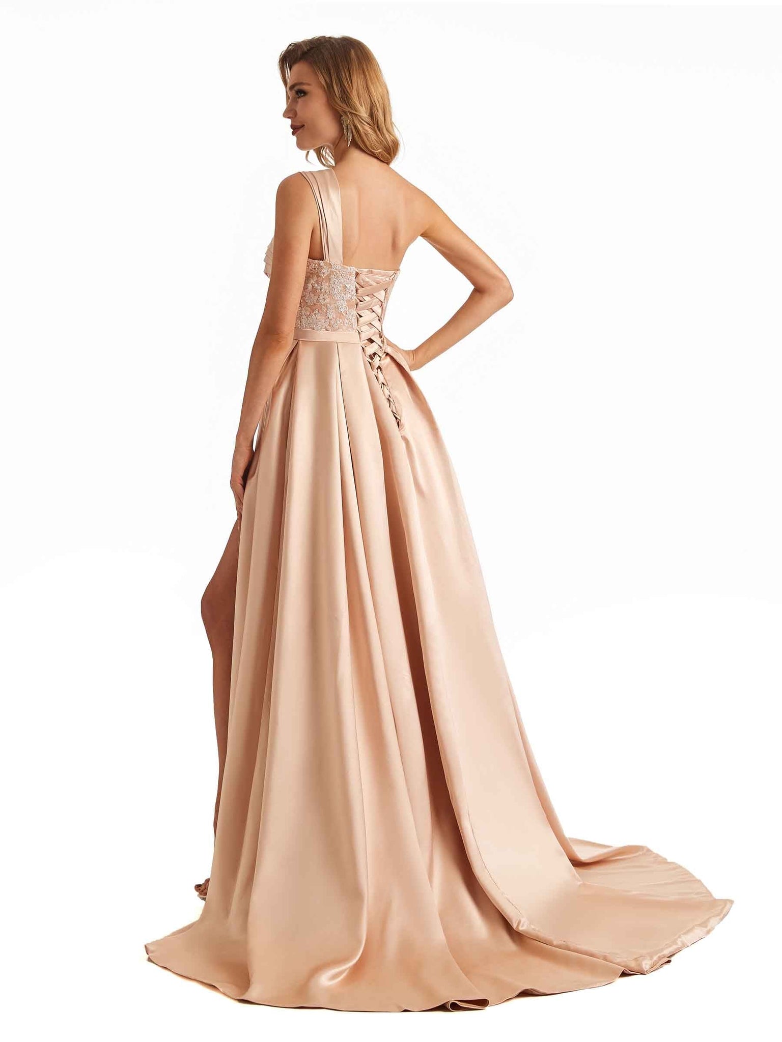 Sexy Side Slit One Shoulder Soft Satin Long Bridesmaid Dresses Online