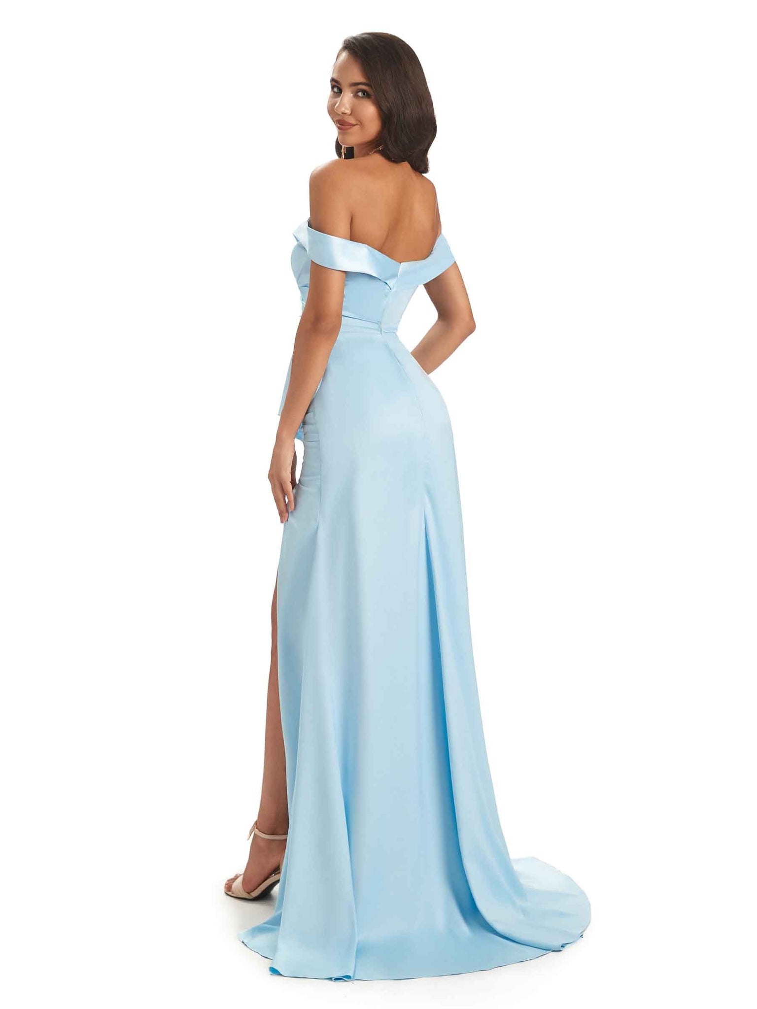Sexy Side Slit Soft Satin Off The Shoulder Modern Long Bridesmaid Dresses Online UK
