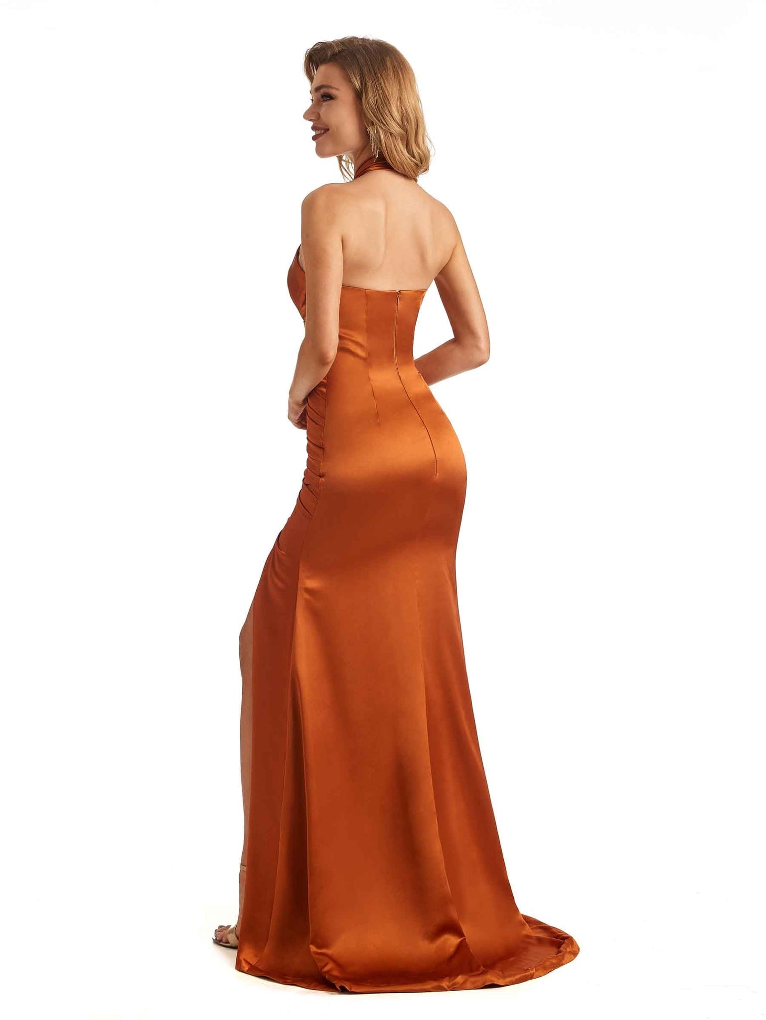 Sexy Side Slit Halter Soft Satin Mermaid Long Bridesmaid Dresses Online