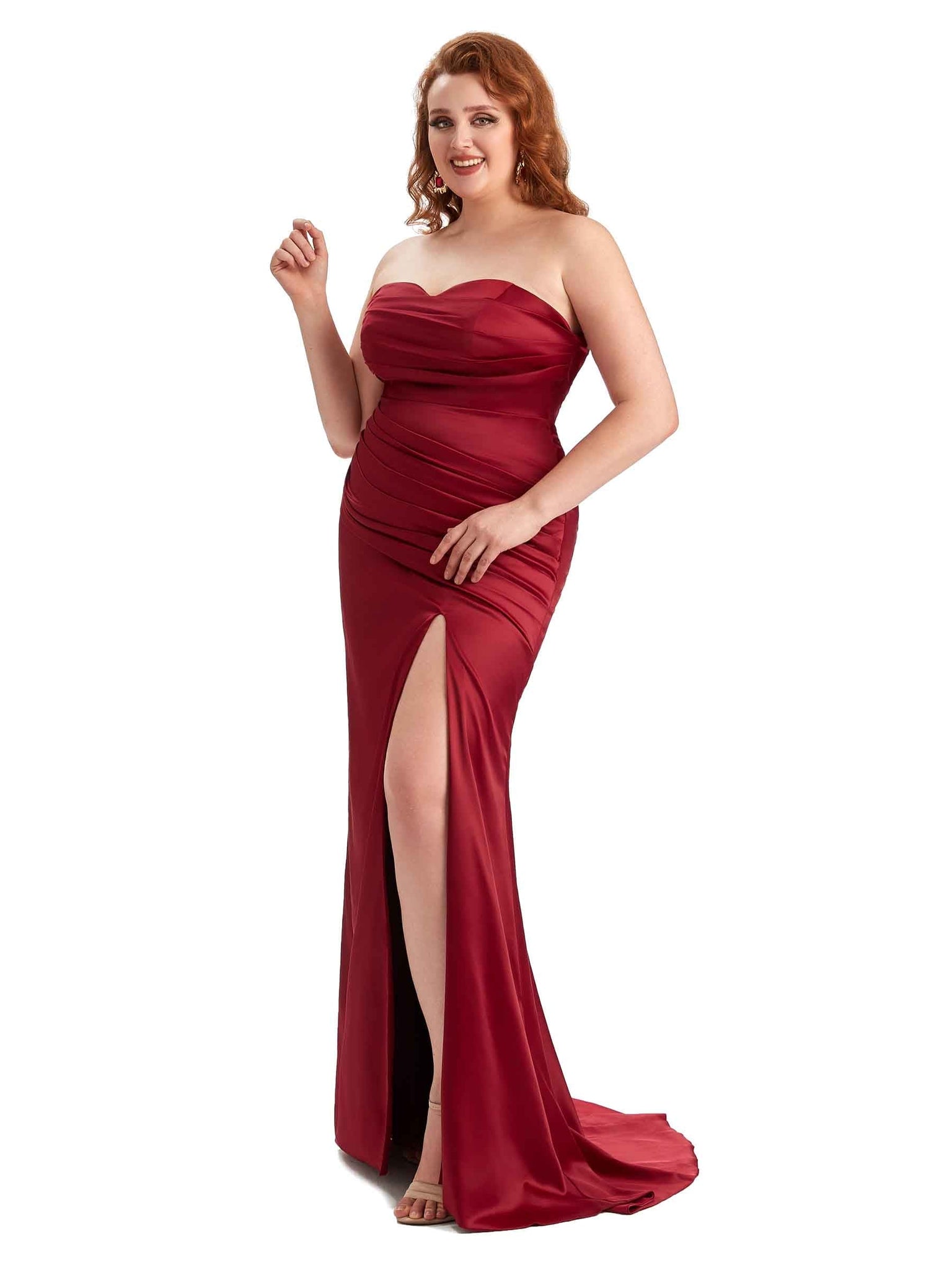 Sexy Side Slit Straspless Mermaid Soft Satin Long Plus Size Bridesmaid Gowns UK