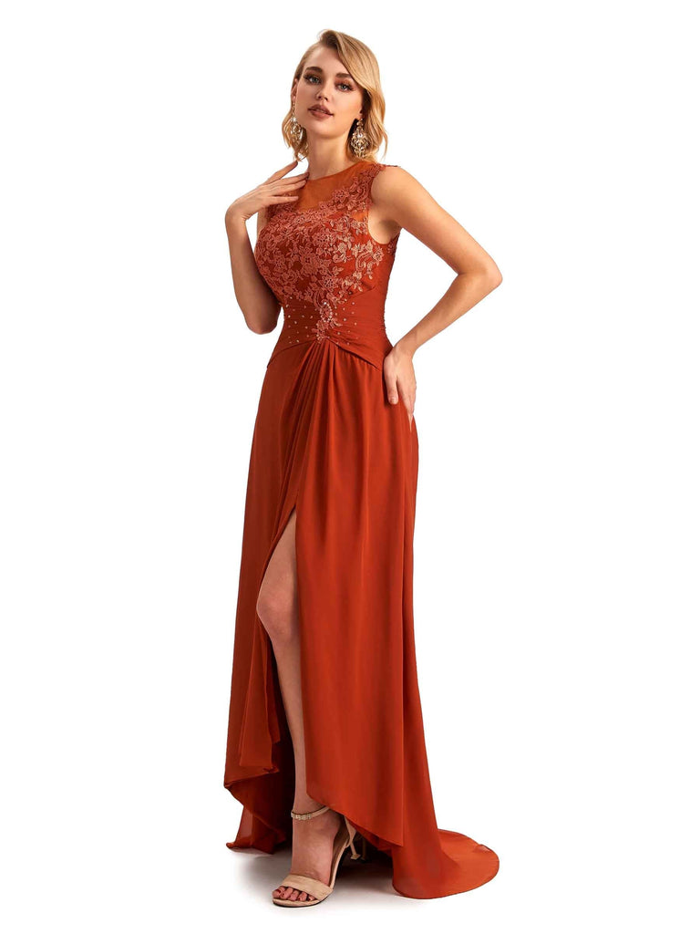 Sexy Chiffon A-line Jewel Side Slit Sleeveless Long Lace Mother of the Brides Dresses UK