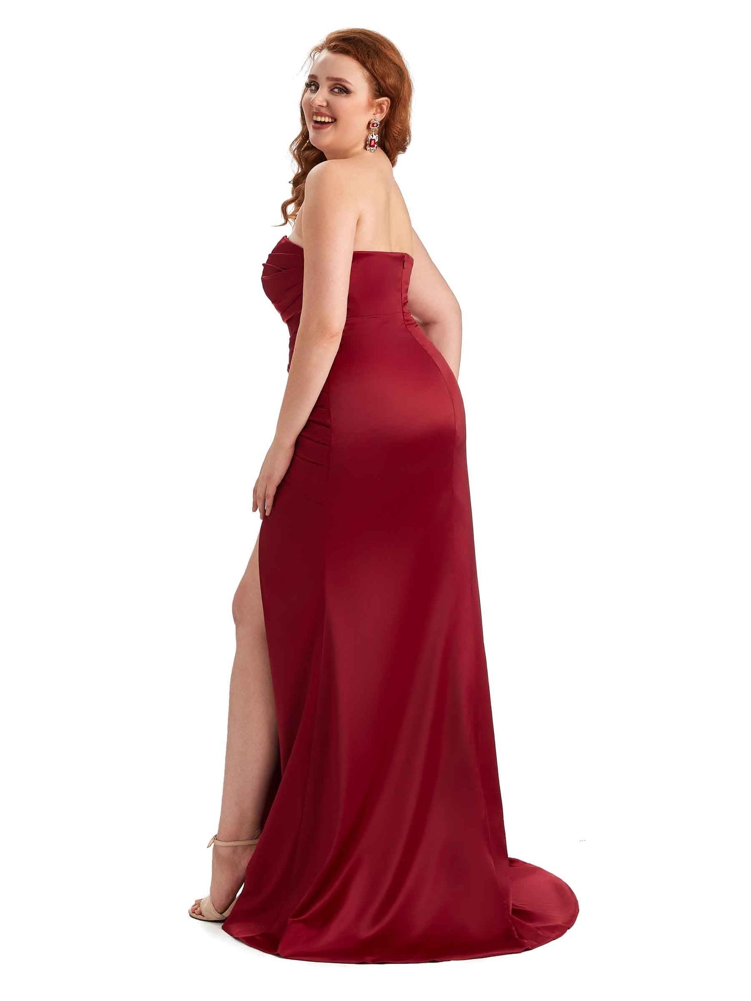 Sexy Side Slit Straspless Mermaid Soft Satin Long Plus Size Bridesmaid Gowns UK