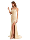 Elegant Soft Satin Straight Neck Side Slit Lace Long Mermaid Bridesmaid Dresses UK