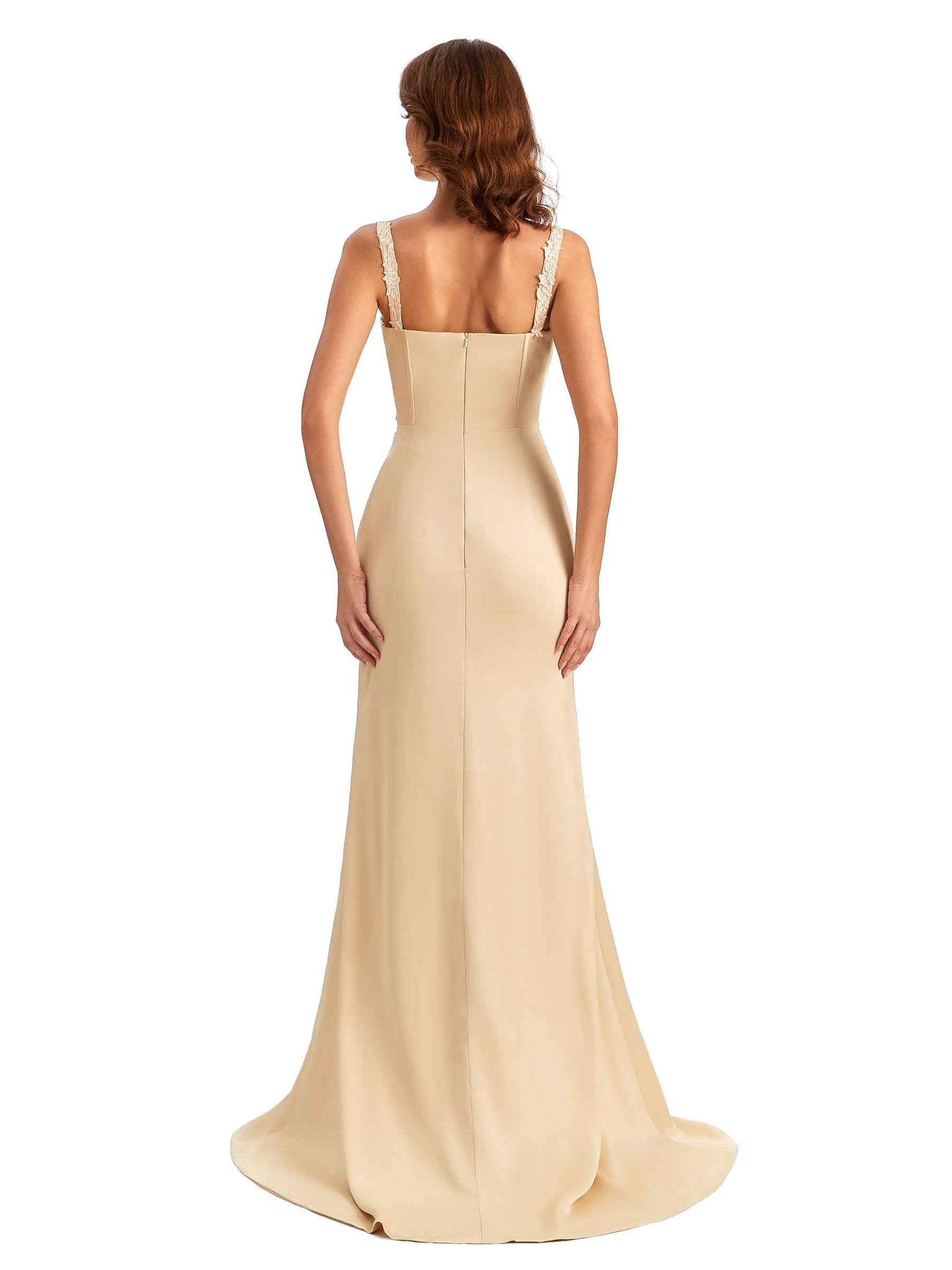 Elegant Soft Satin Straps Side Slit Lace Long Mermaid Bridesmaid Dresses UK