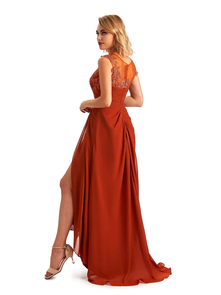 Sexy Chiffon A-line Jewel Side Slit Sleeveless Long Lace Mother of the Brides Dresses UK