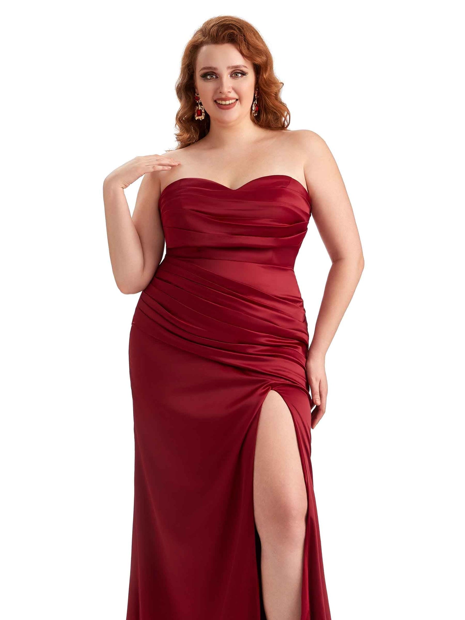 Sexy Side Slit Straspless Mermaid Soft Satin Long Plus Size Bridesmaid Gowns UK