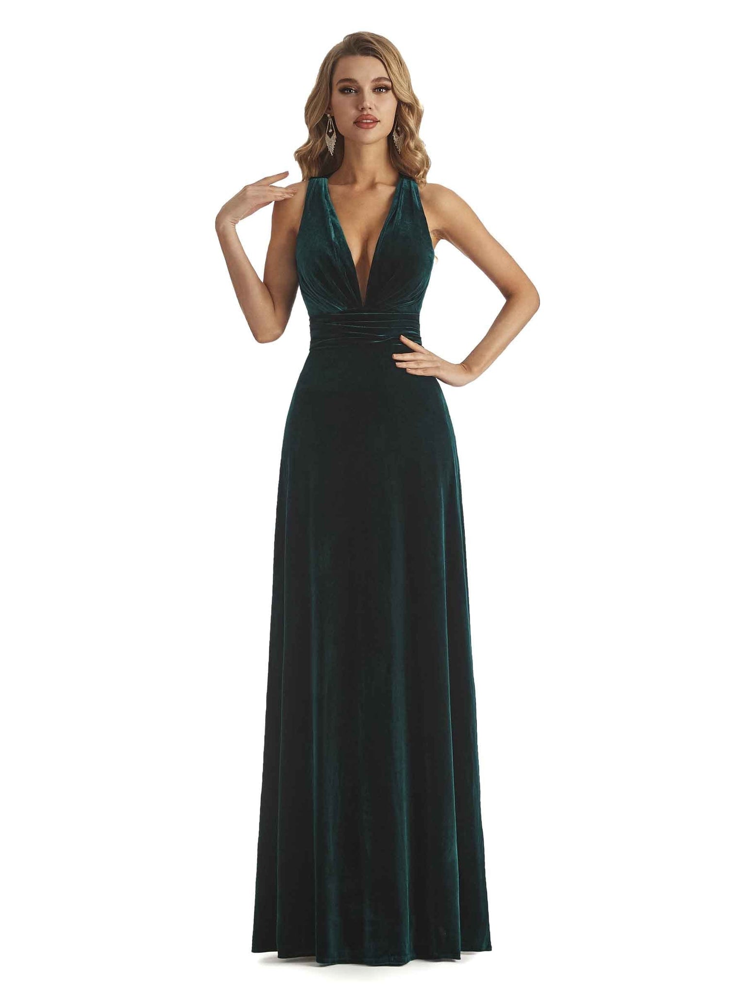 Elegant A-line V-Neck Criss Cross Velvet Long Bridesmaid Dresses UK Online