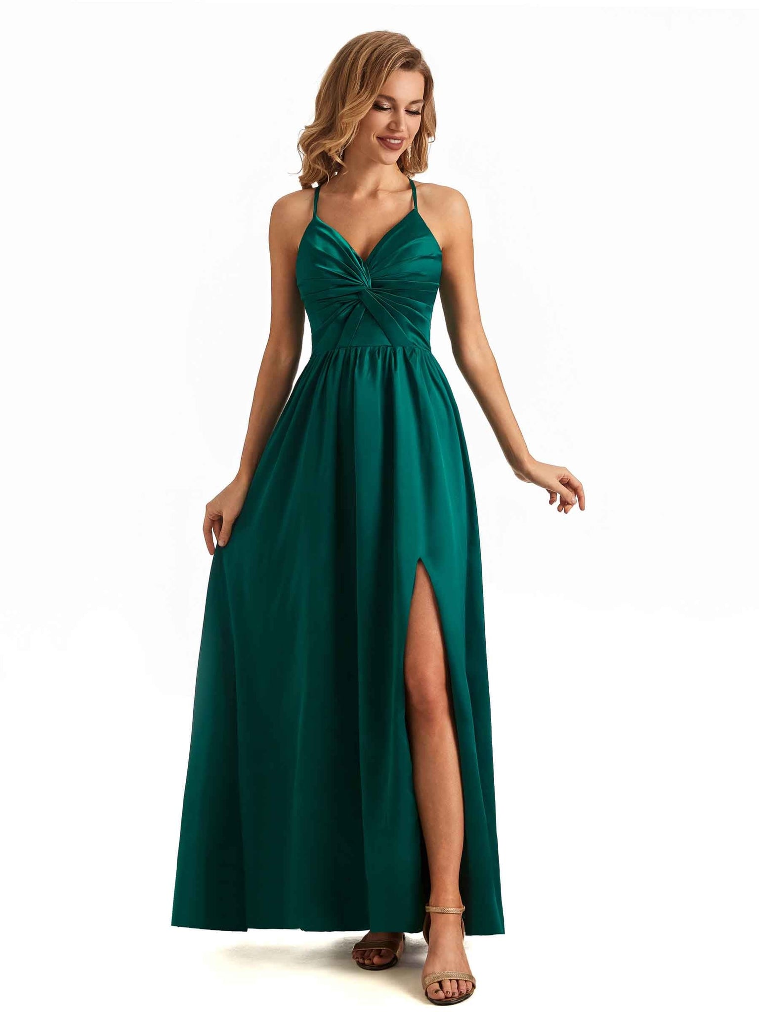 Sexy Side Slit V-neck High Waist Soft Satin A-line Long Bridesmaid Dresses Online
