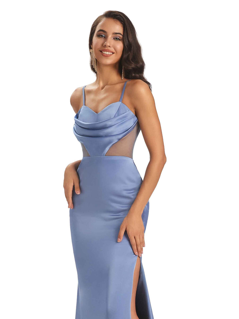 Sexy Soft Spaghetti Straps Satin Side Slit Mermaid See Through Prom Dresses Online
