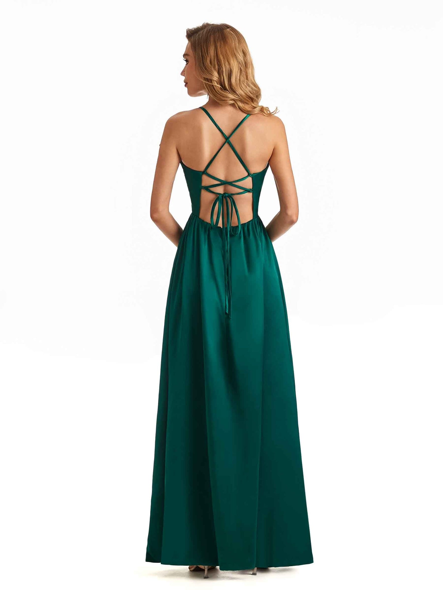 Sexy Side Slit V-neck High Waist Soft Satin A-line Long Bridesmaid Dresses Online