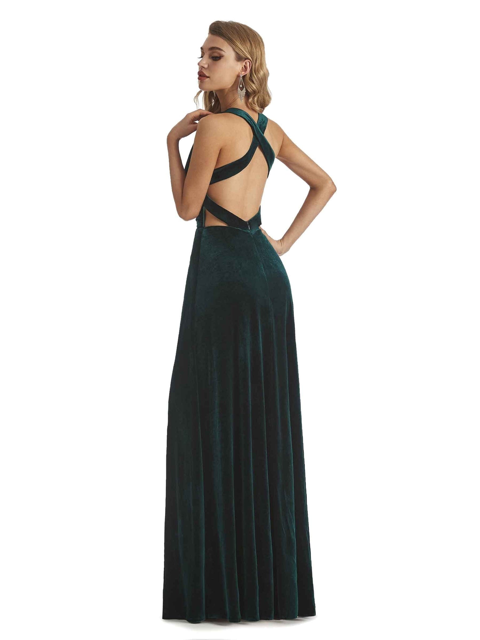 Elegant A-line V-Neck Criss Cross Velvet Long Bridesmaid Dresses UK Online