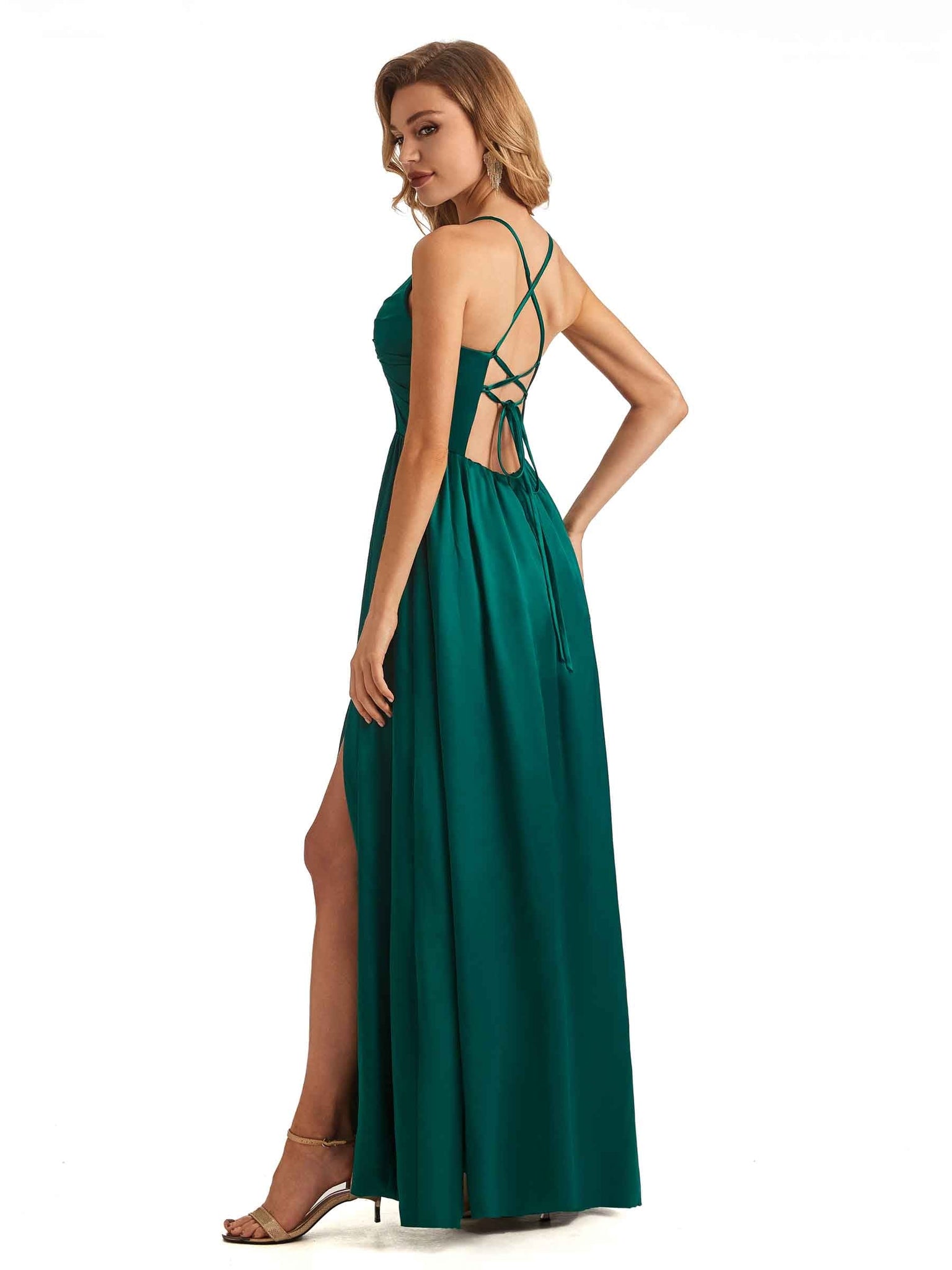 Sexy Side Slit V-neck High Waist Soft Satin A-line Long Bridesmaid Dresses Online