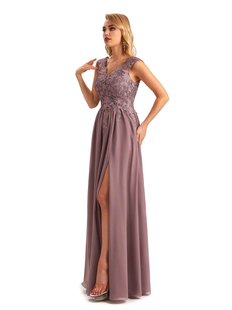 Sexy Side Slit Chiffon V-neck A-line Lace Straps Long Lace Mother of the Groom Dresses