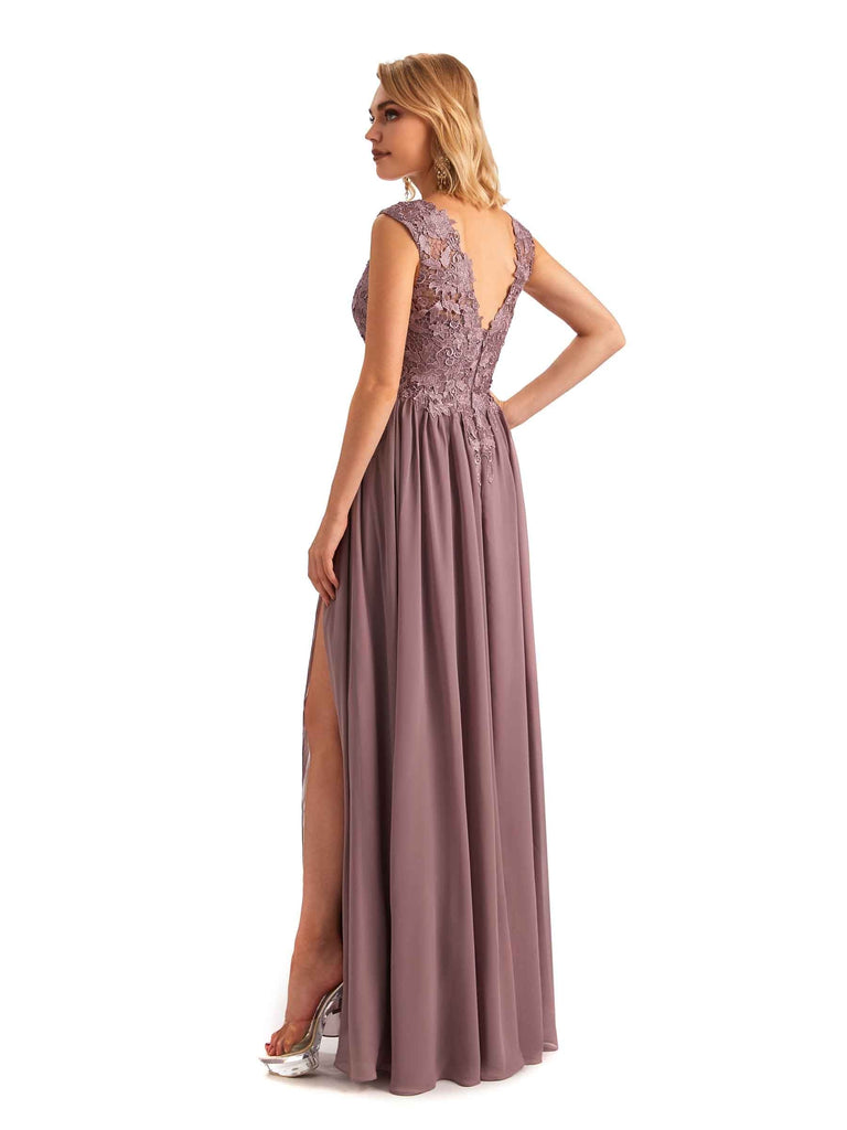 Sexy Side Slit Chiffon V-neck A-line Lace Straps Long Lace Mother of the Groom Dresses