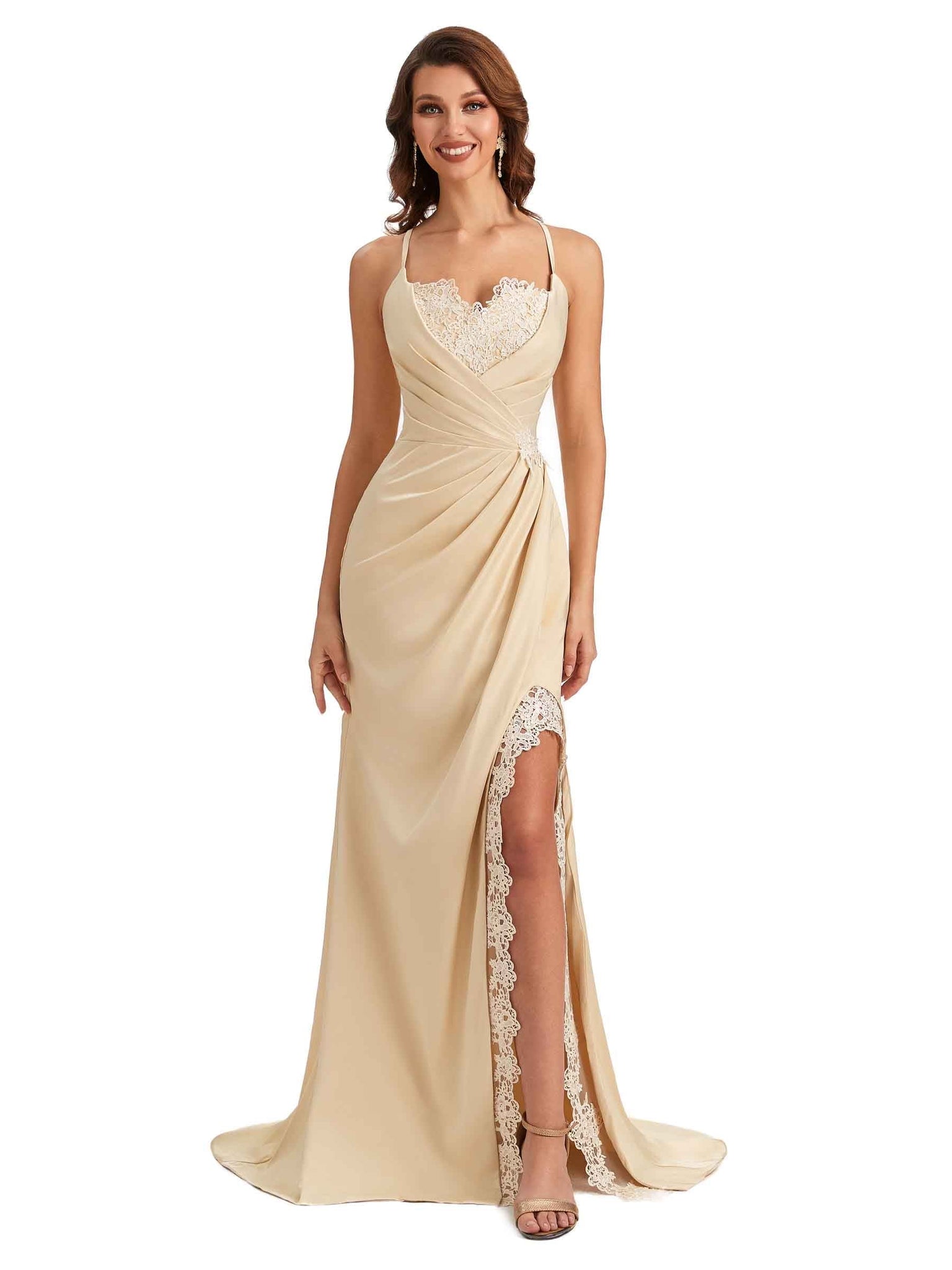 Sexy Spaghetti Straps Lace Side Slit Mermaid Silky Satin Maid of Honor Dresses Uk