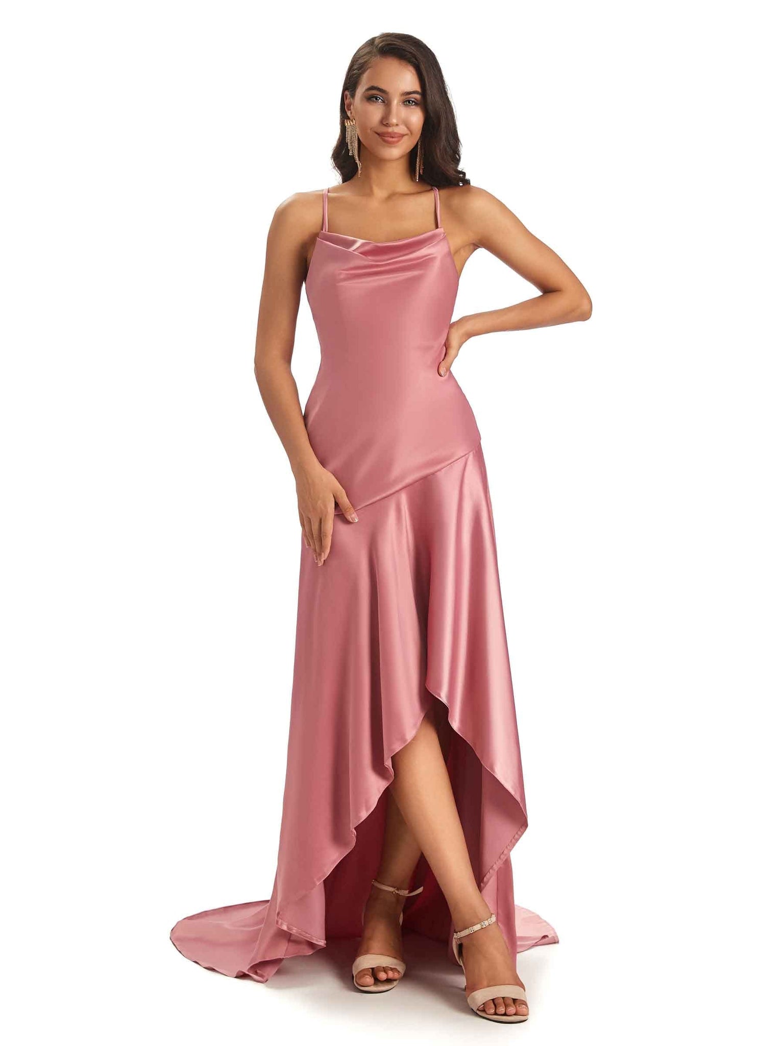 Sexy Soft Satin Criss Cross Spaghetti Straps High Low Bridesmaid Dresses Online UK