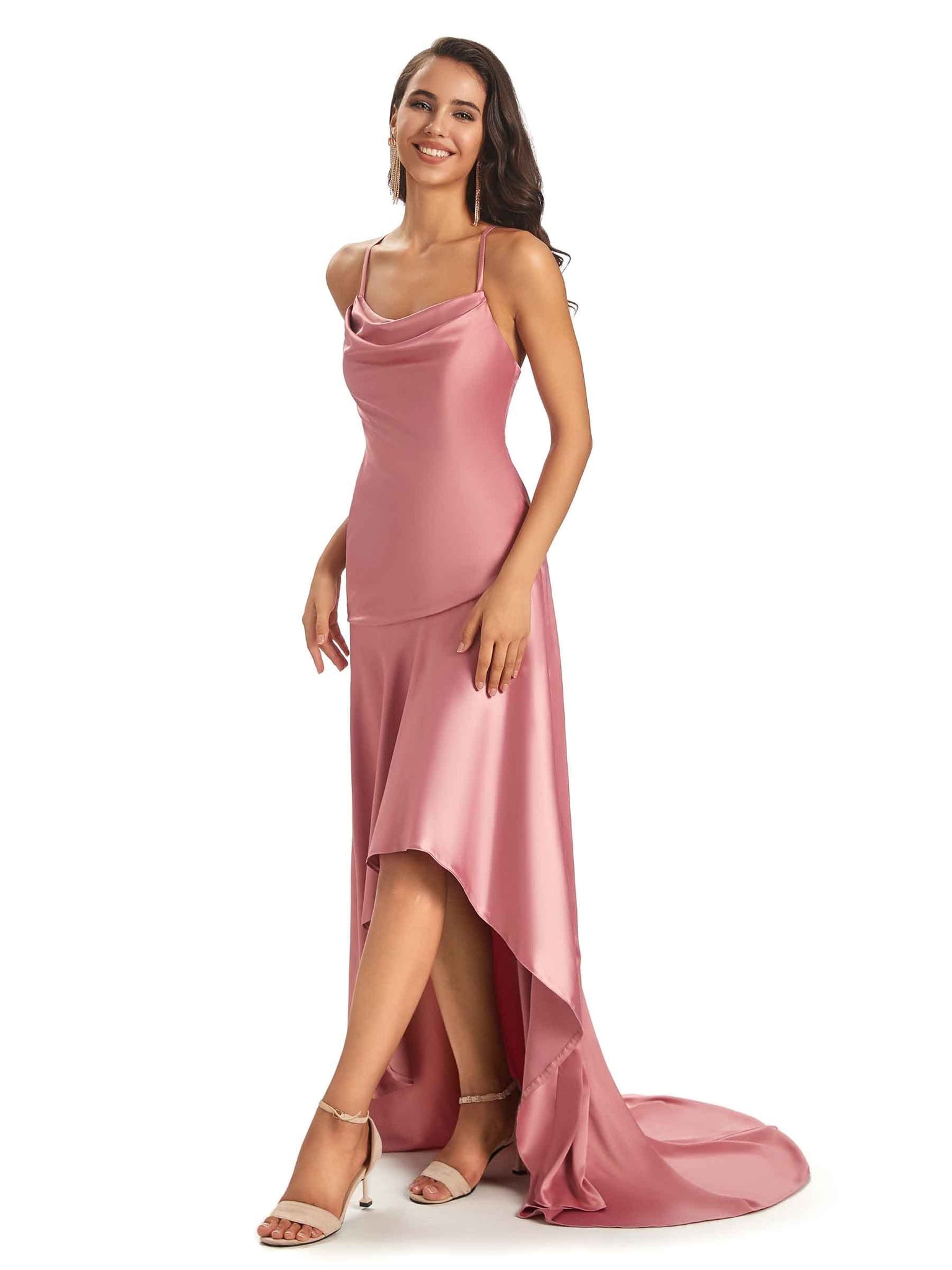 Sexy Soft Satin Criss Cross Spaghetti Straps High Low Bridesmaid Dresses Online UK