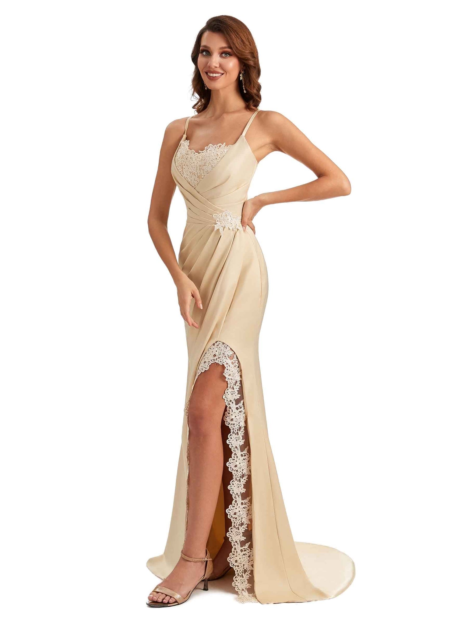 Sexy Spaghetti Straps Lace Side Slit Mermaid Silky Satin Maid of Honor Dresses Uk
