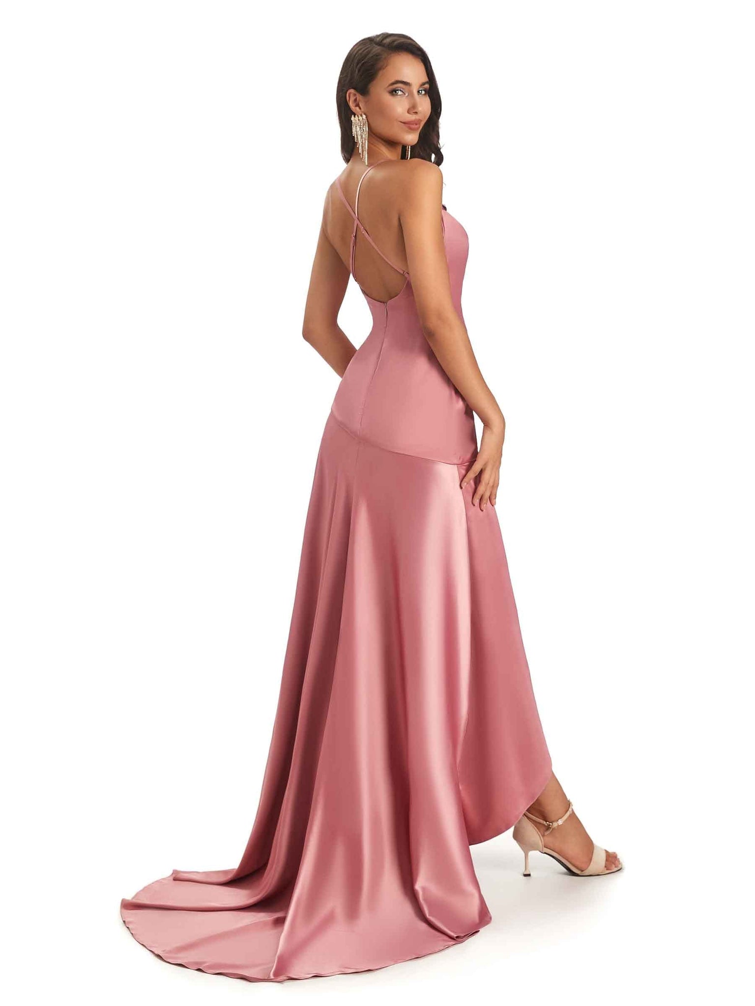 Sexy Soft Satin Criss Cross Spaghetti Straps High Low Bridesmaid Dresses Online UK