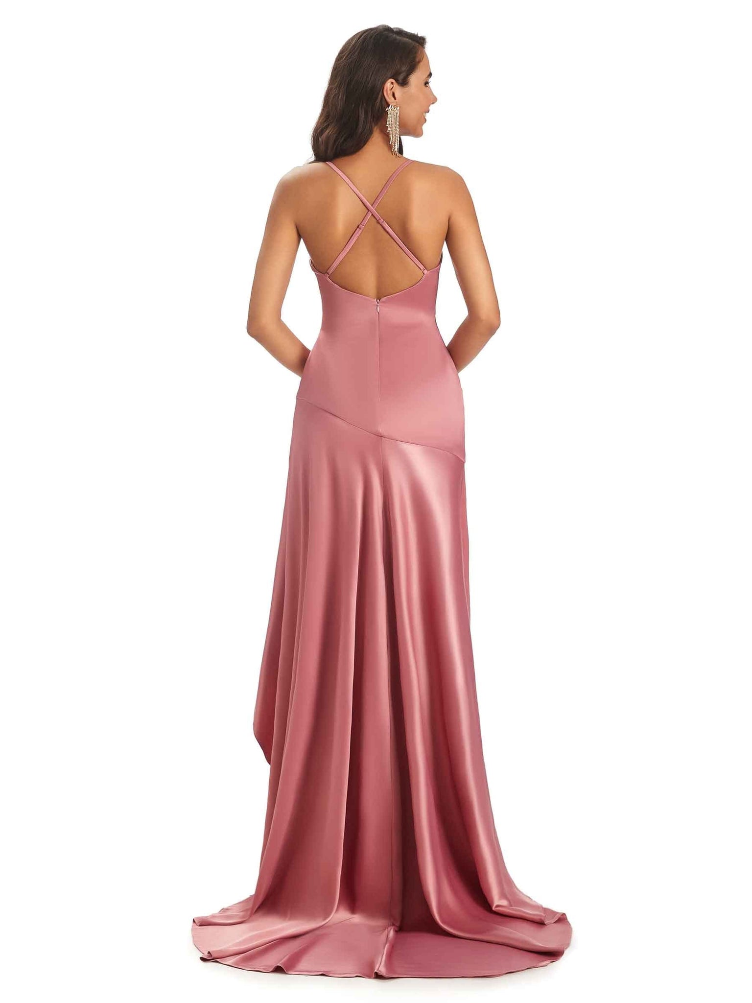 Sexy Soft Satin Criss Cross Spaghetti Straps High Low Bridesmaid Dresses Online UK