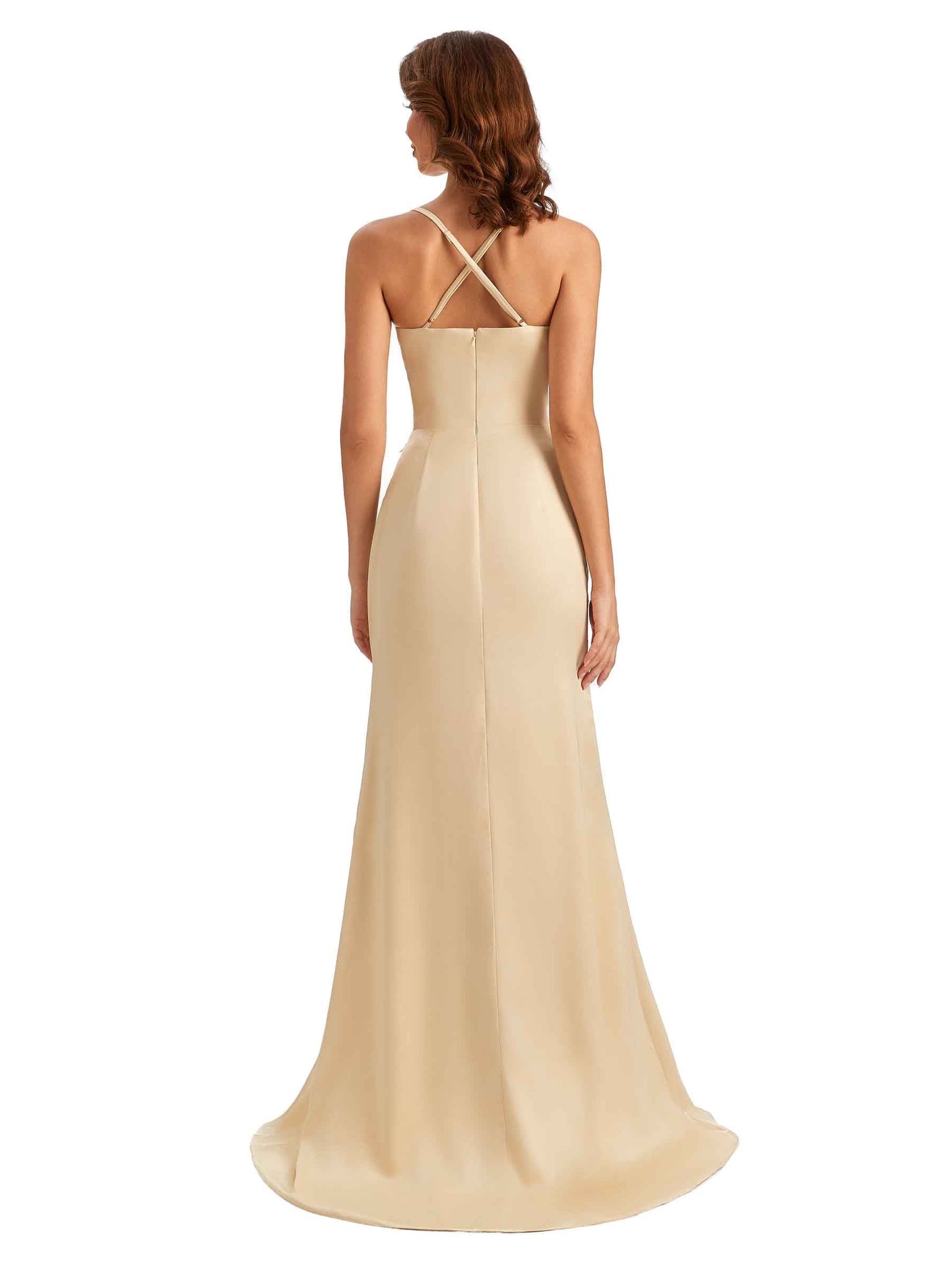 Sexy Spaghetti Straps Lace Side Slit Mermaid Silky Satin Maid of Honor Dresses Uk