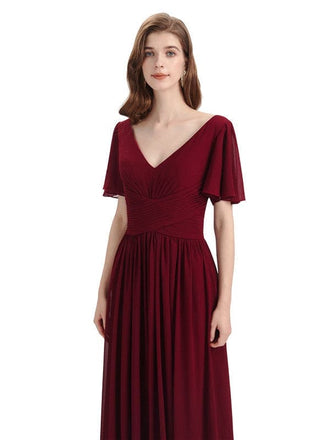 Chiffon A-line Short Sleeves Elegant Floor-Length Bridesmaid Dresses Online Sale