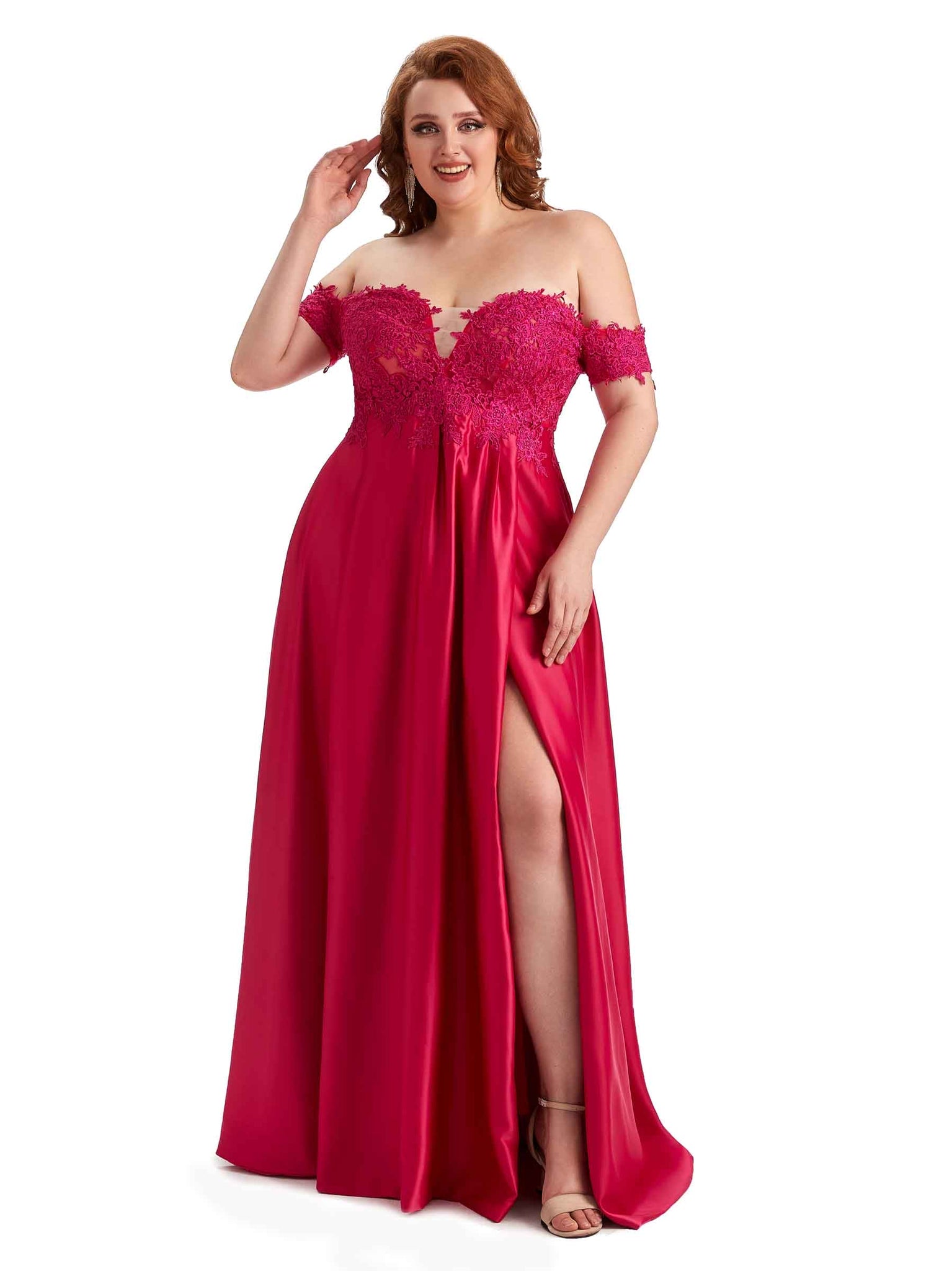 Elegant Off The Shoulder Side Slit Lace Soft Satin Long Plus Size Bridesmaid Dresses UK