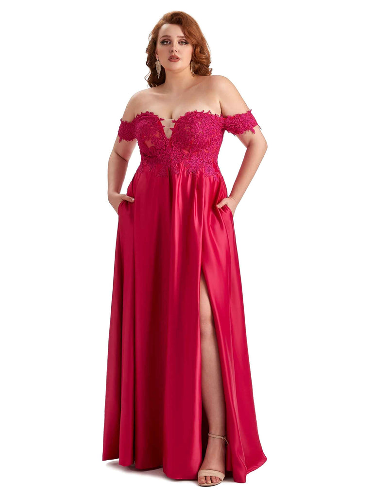 Elegant Off The Shoulder Side Slit Lace Soft Satin Long Plus Size Bridesmaid Dresses UK