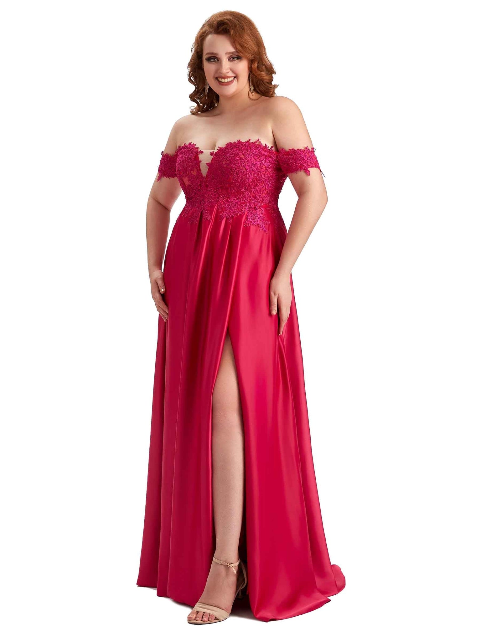 Elegant Off The Shoulder Side Slit Lace Soft Satin Long Plus Size Bridesmaid Dresses UK