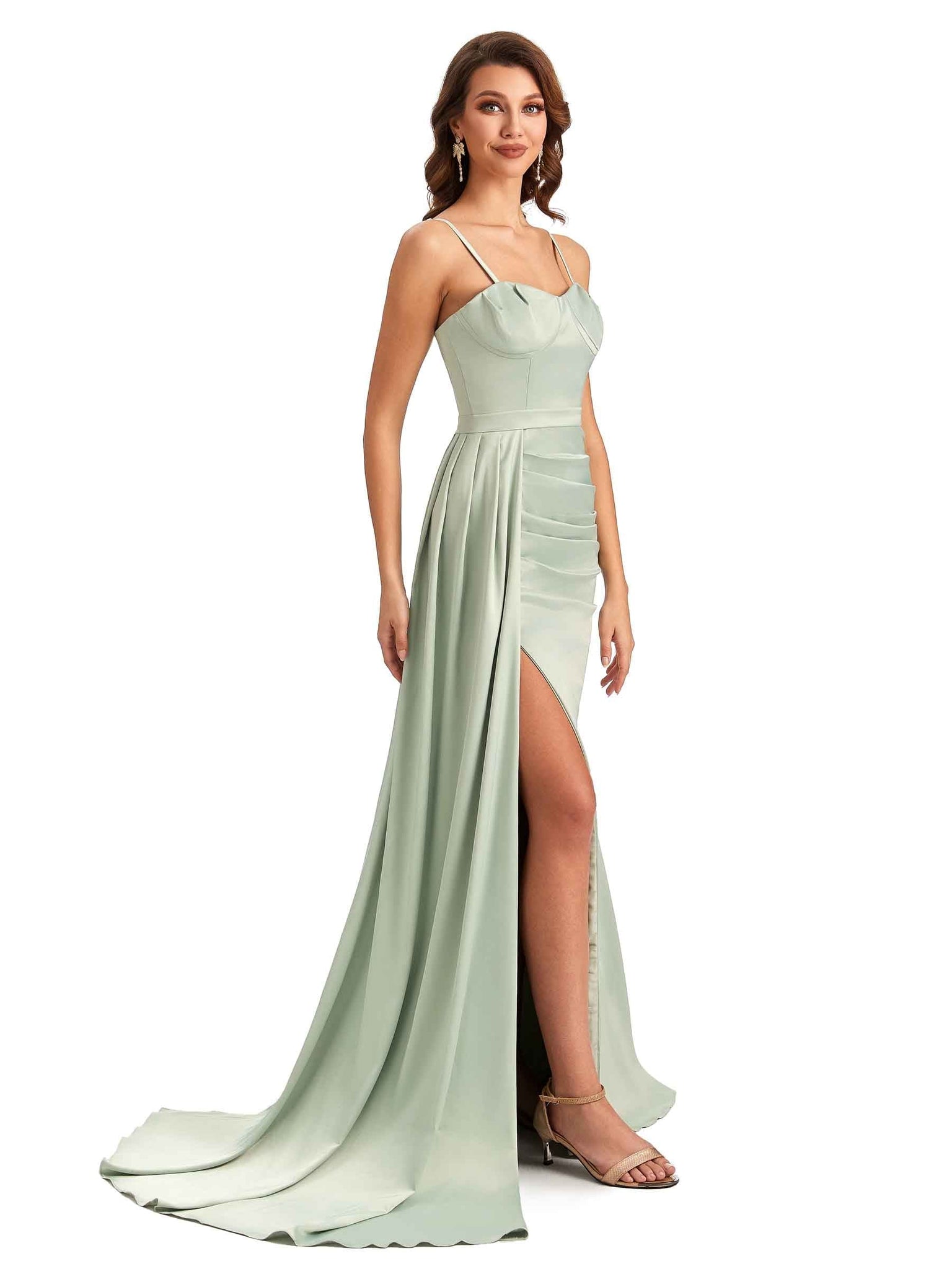 Sexy Spaghetti Straps Side Slit Mermaid Silky Satin Long Bridesmaid Gowns UK