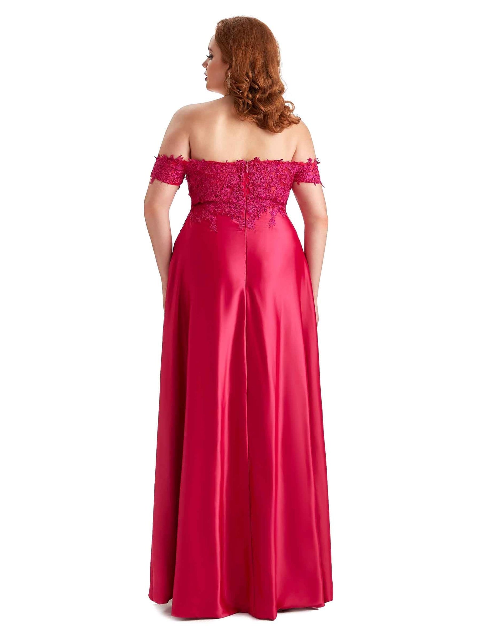 Elegant Off The Shoulder Side Slit Lace Soft Satin Long Plus Size Bridesmaid Dresses UK