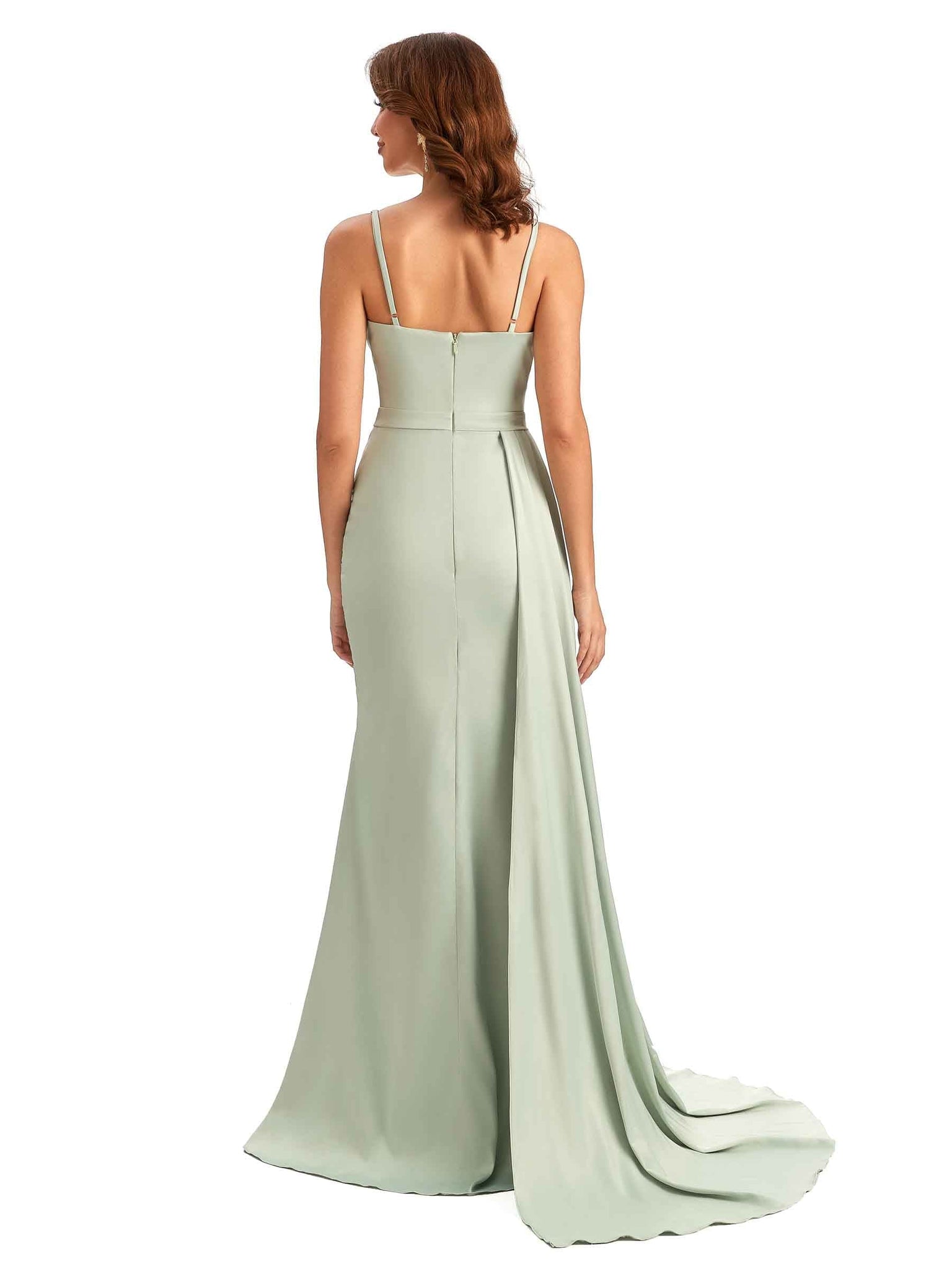 Sexy Spaghetti Straps Side Slit Mermaid Silky Satin Long Bridesmaid Gowns UK