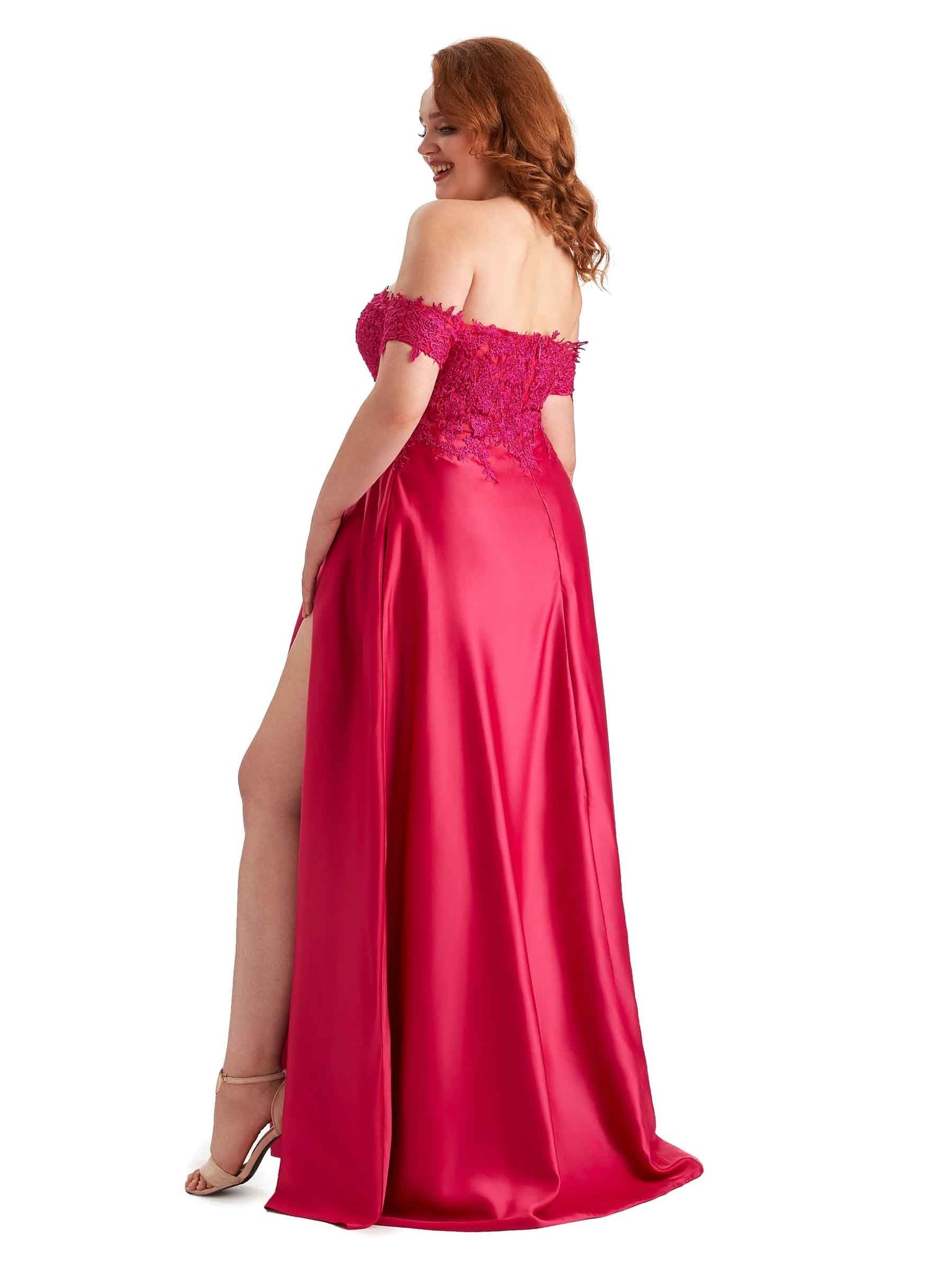 Elegant Off The Shoulder Side Slit Lace Soft Satin Long Plus Size Bridesmaid Dresses UK