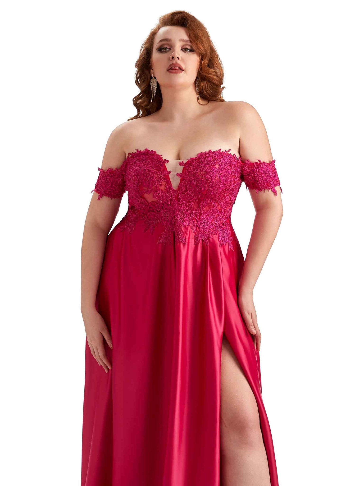 Elegant Off The Shoulder Side Slit Lace Soft Satin Long Plus Size Bridesmaid Dresses UK