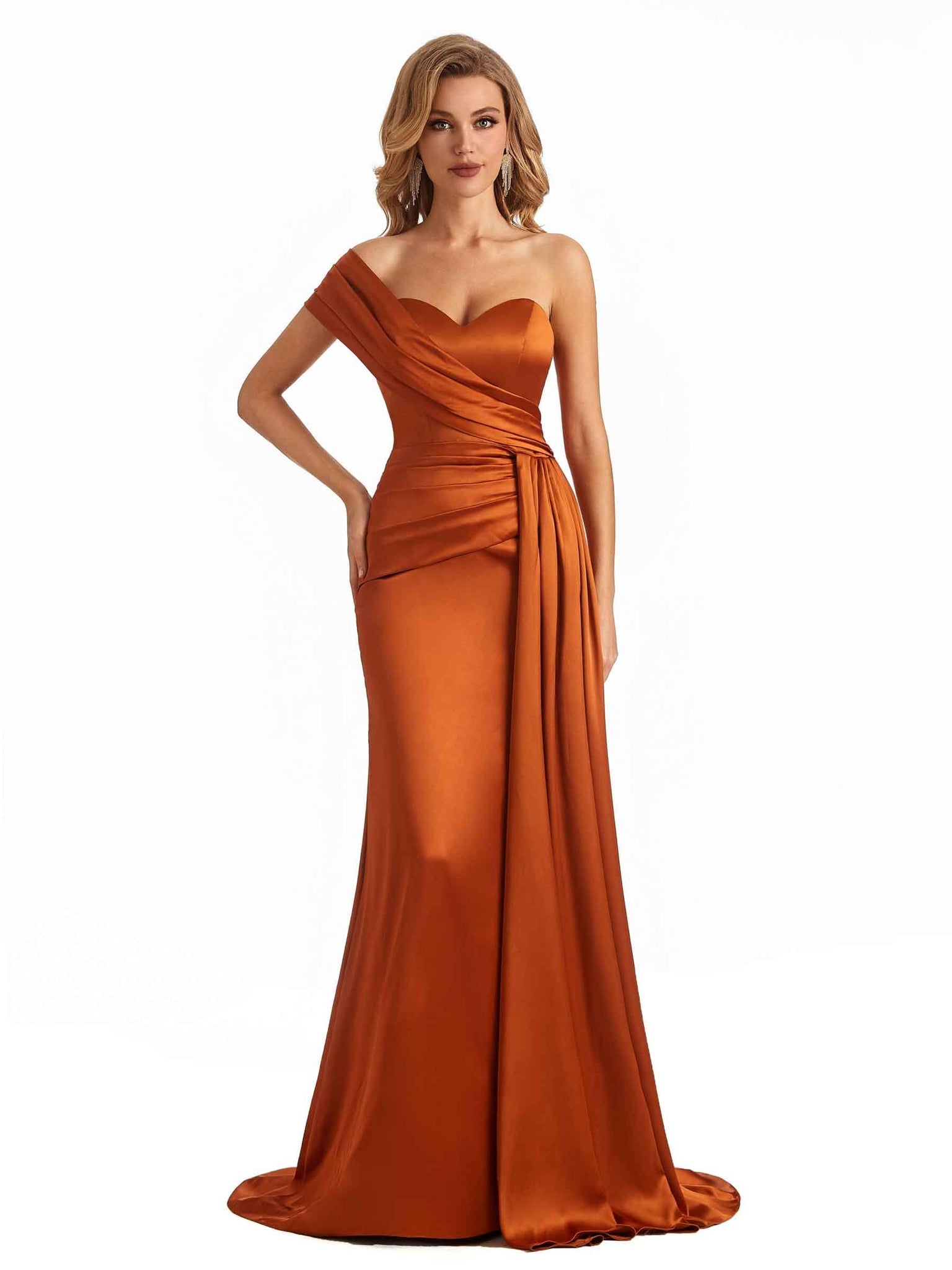 Elegant One Shoulder Pleats Silky Satin Long Mermaid Bridesmaid Dresses Online